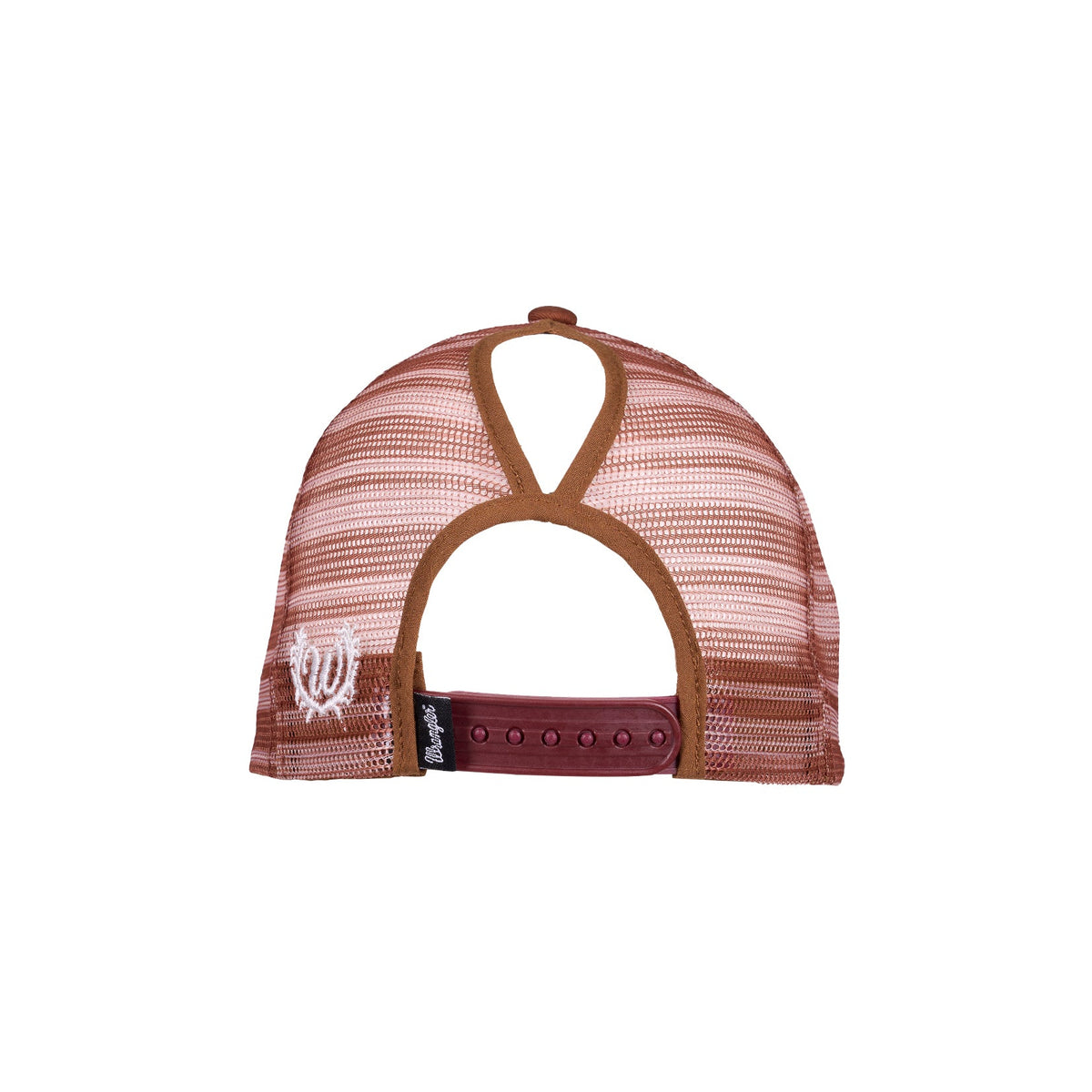 A back view of a trucker-style baseball cap with a dusty rose pink and brown striped mesh crown, brown trim, and a burgundy adjustable strap.