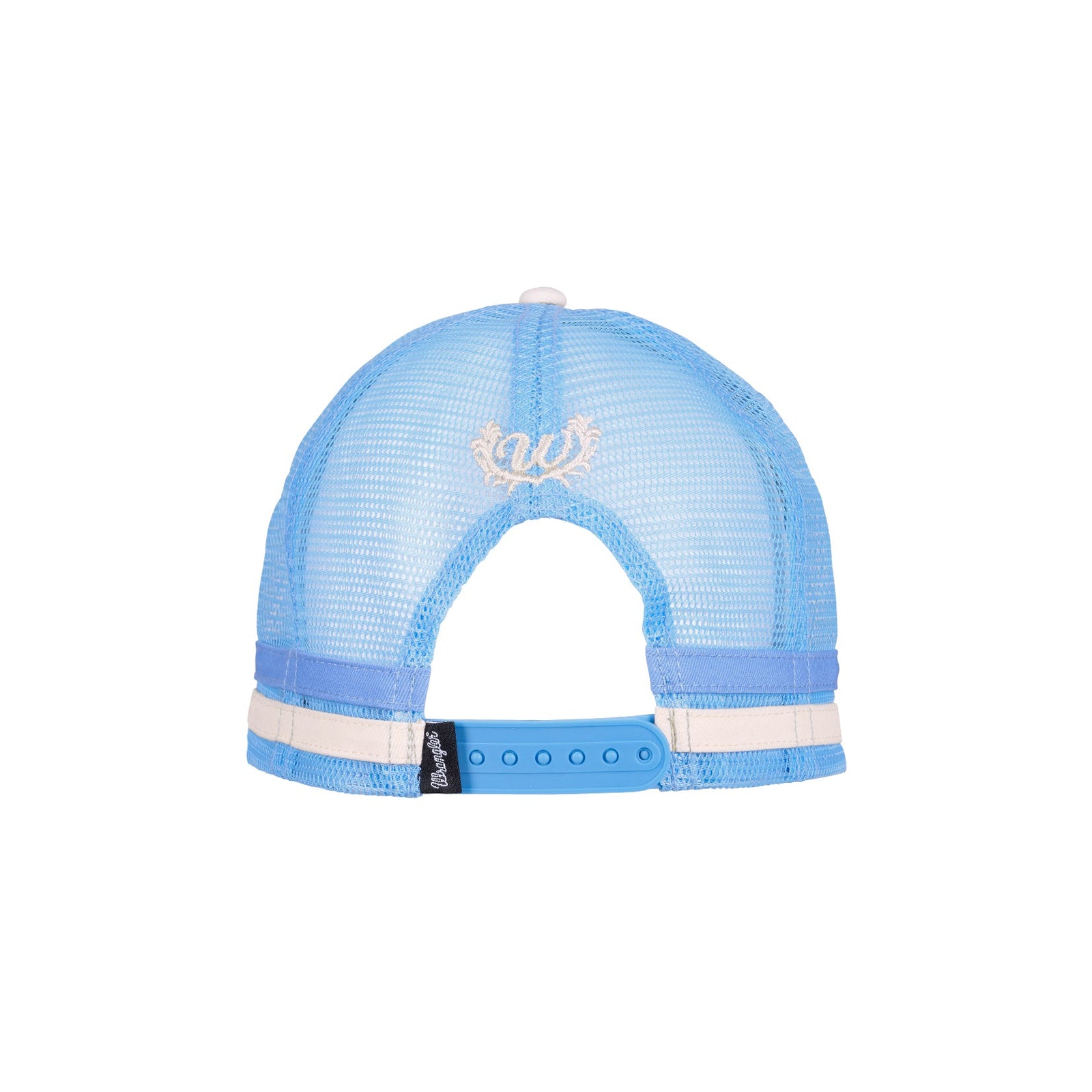 A light blue trucker-style cap shown from the back, featuring a light blue mesh back, a white embroidered logo on the center, and a white and light blue striped fabric band around the lower edge of the crown.
