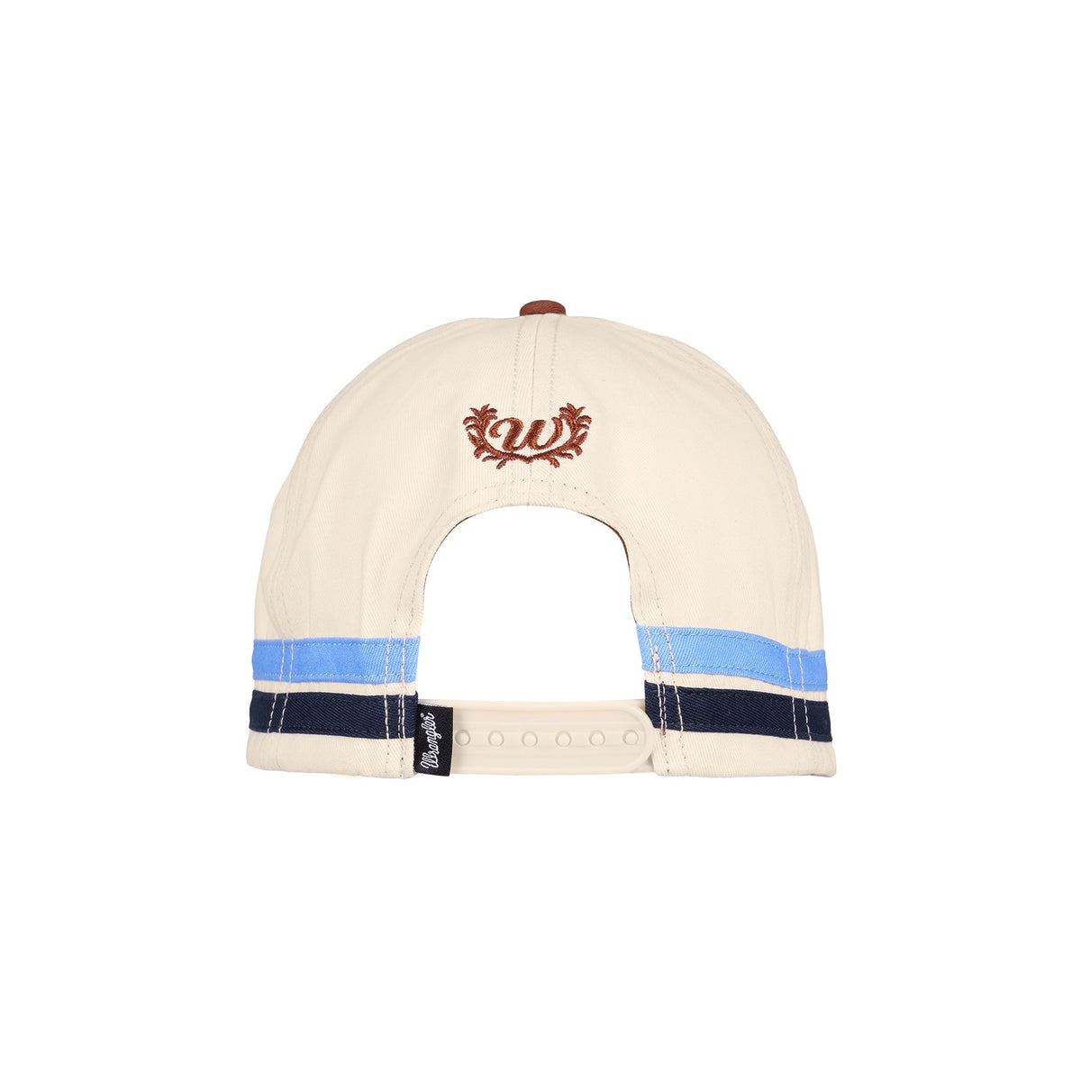 An off-white baseball cap shown from the back, featuring a small brown embroidered crest on the center, light blue and dark navy stripes on the back strap, and a brown button on top.