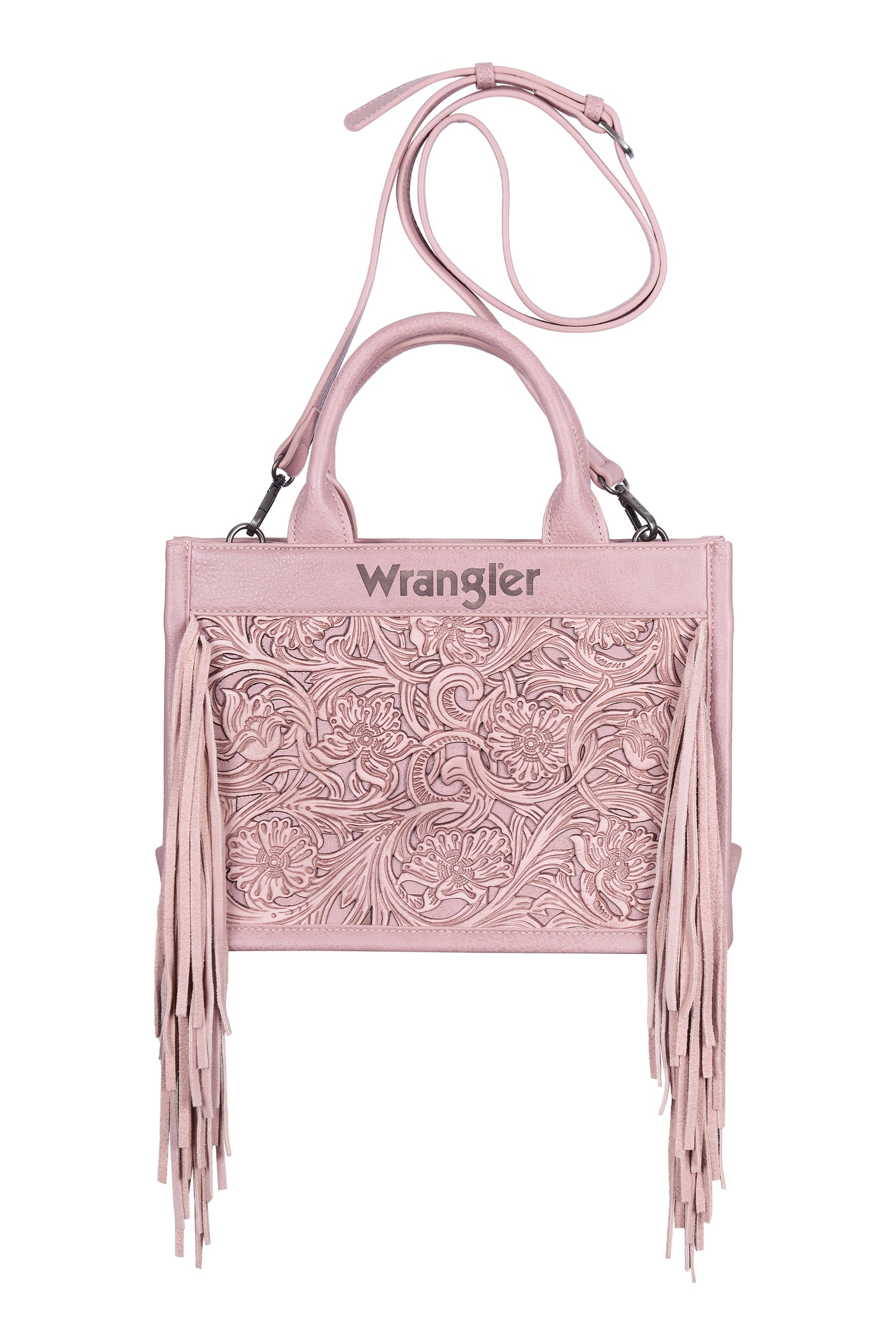 A light pink leather handbag with a tooled floral front panel, long fringe details, top handles, and a shoulder strap, featuring the Wrangler logo on the front.