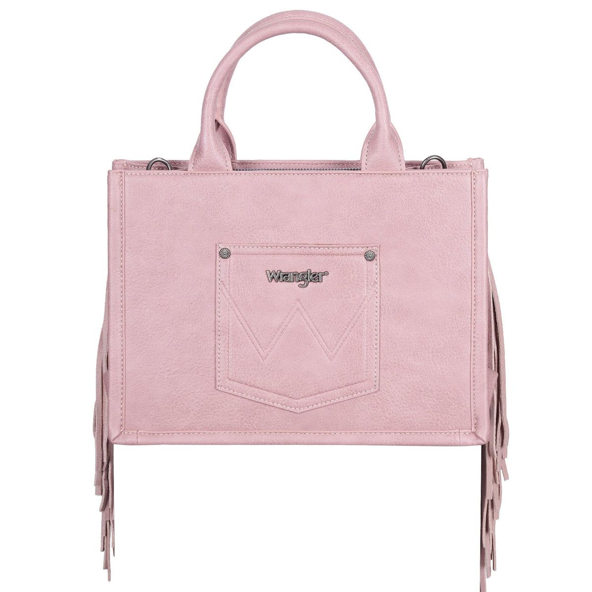A light pink faux-leather handbag with double top handles, fringe detailing on the sides, and a front pocket featuring a silver-tone 'Wrangler' logo.