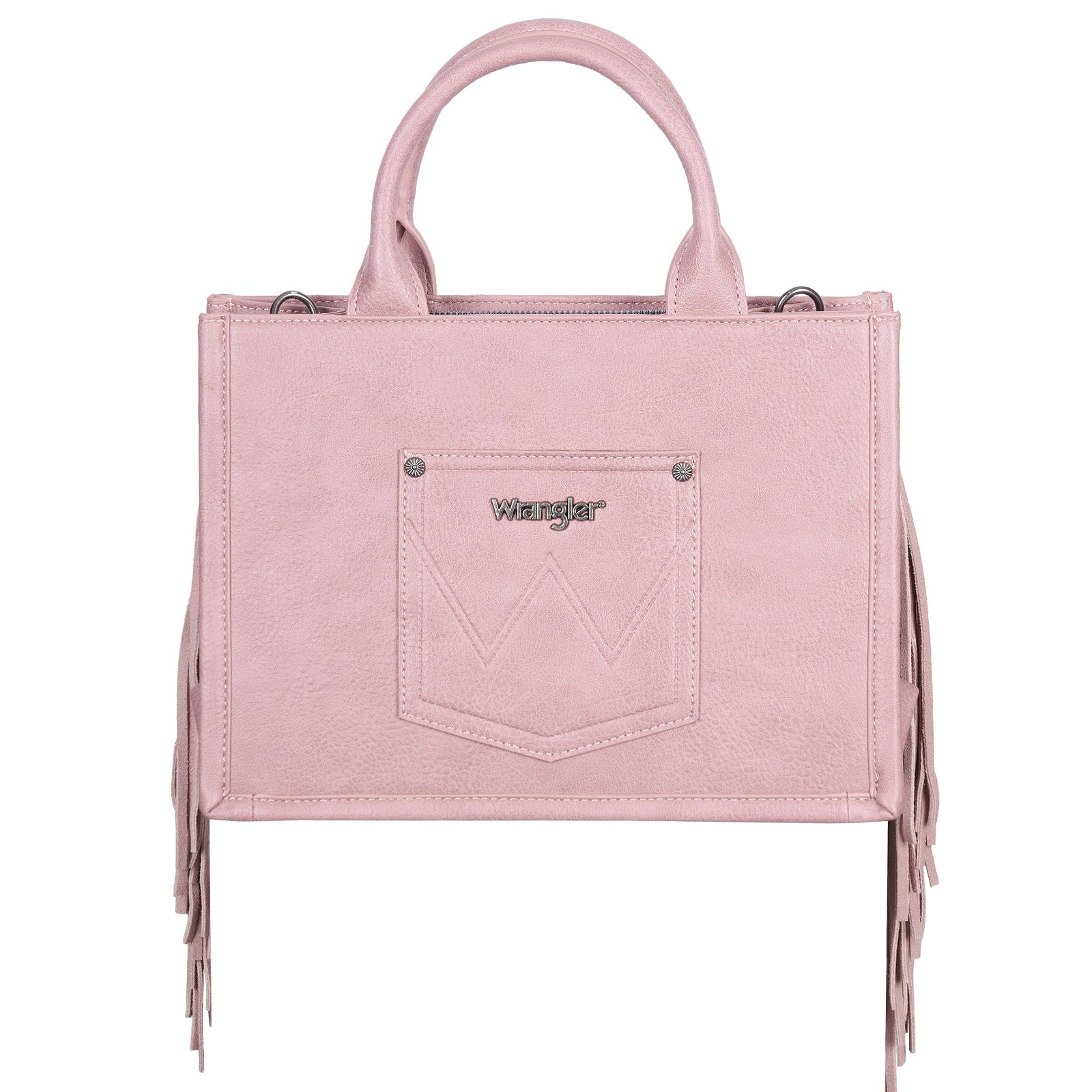 A light pink faux-leather handbag with double top handles, fringe detailing on the sides, and a front pocket featuring a silver-tone 'Wrangler' logo.
