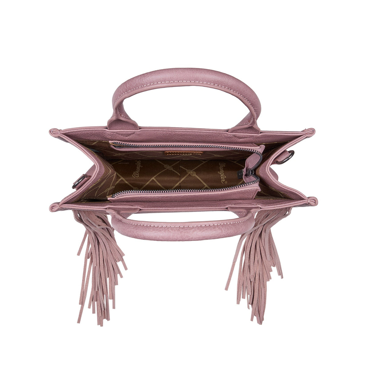 A top-down view of a dusty pink leather handbag with fringe tassels and a quilted brown interior lining, shown on a plain white background.