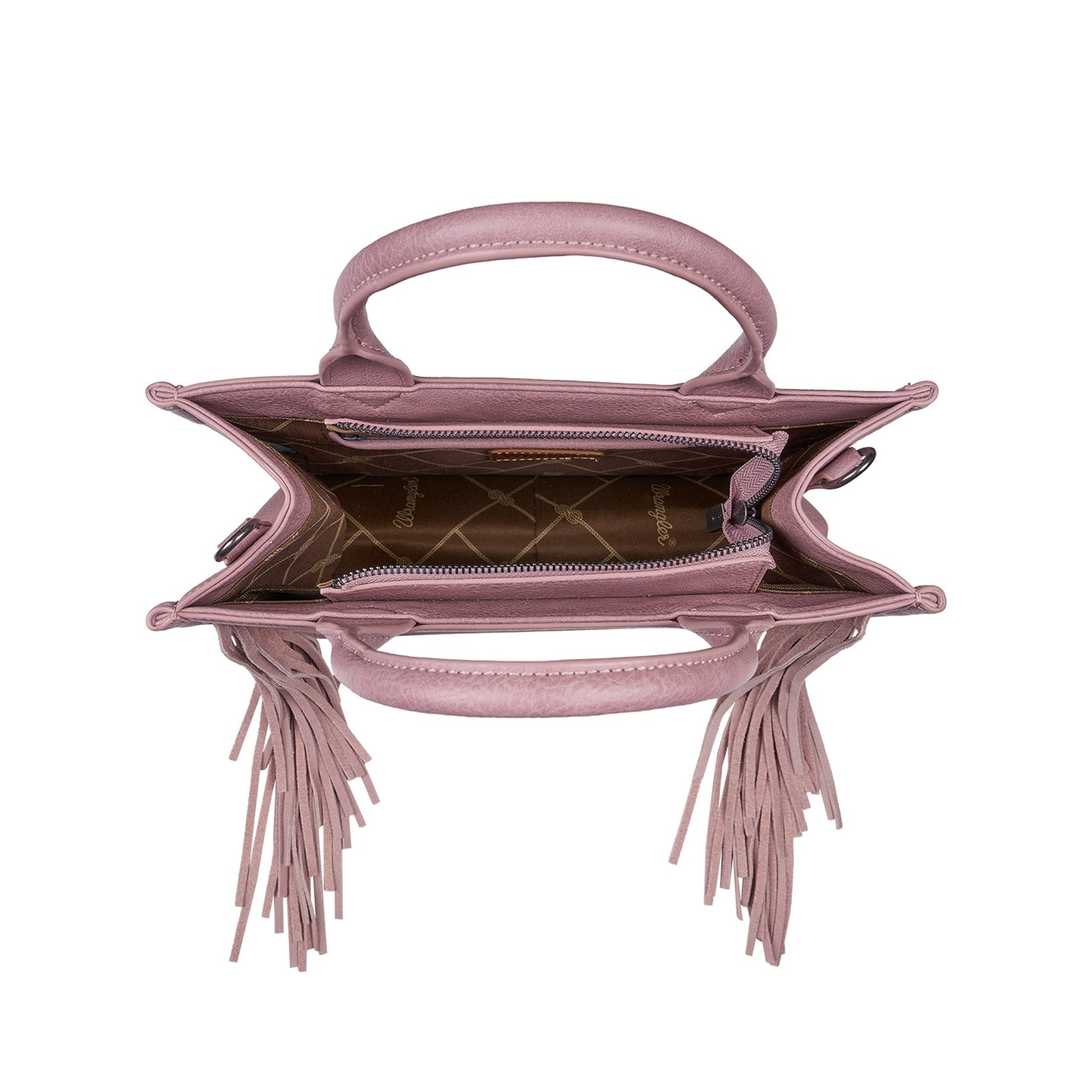 A top-down view of a dusty pink leather handbag with fringe tassels and a quilted brown interior lining, shown on a plain white background.