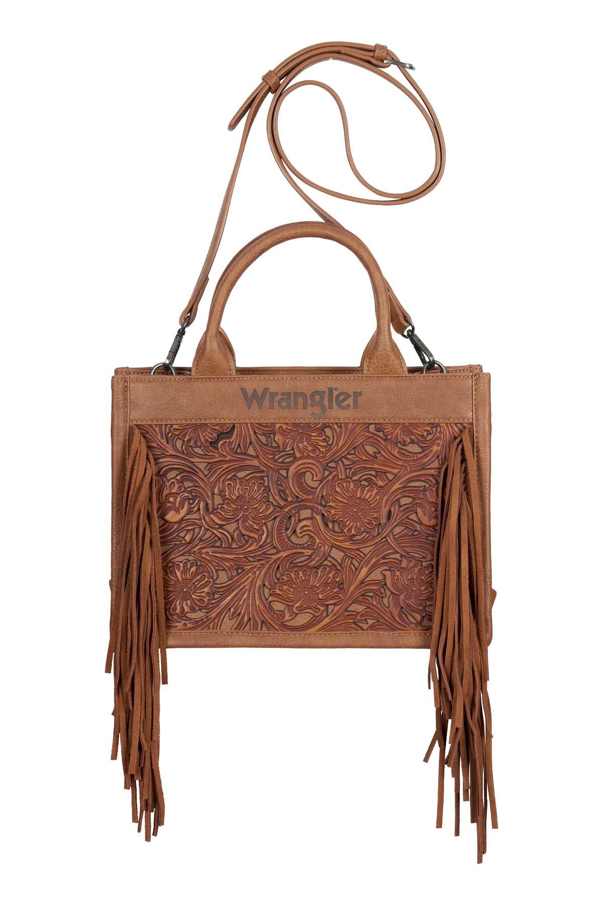 Brown leather handbag with fringes and 'Wrangler' branding on a white background