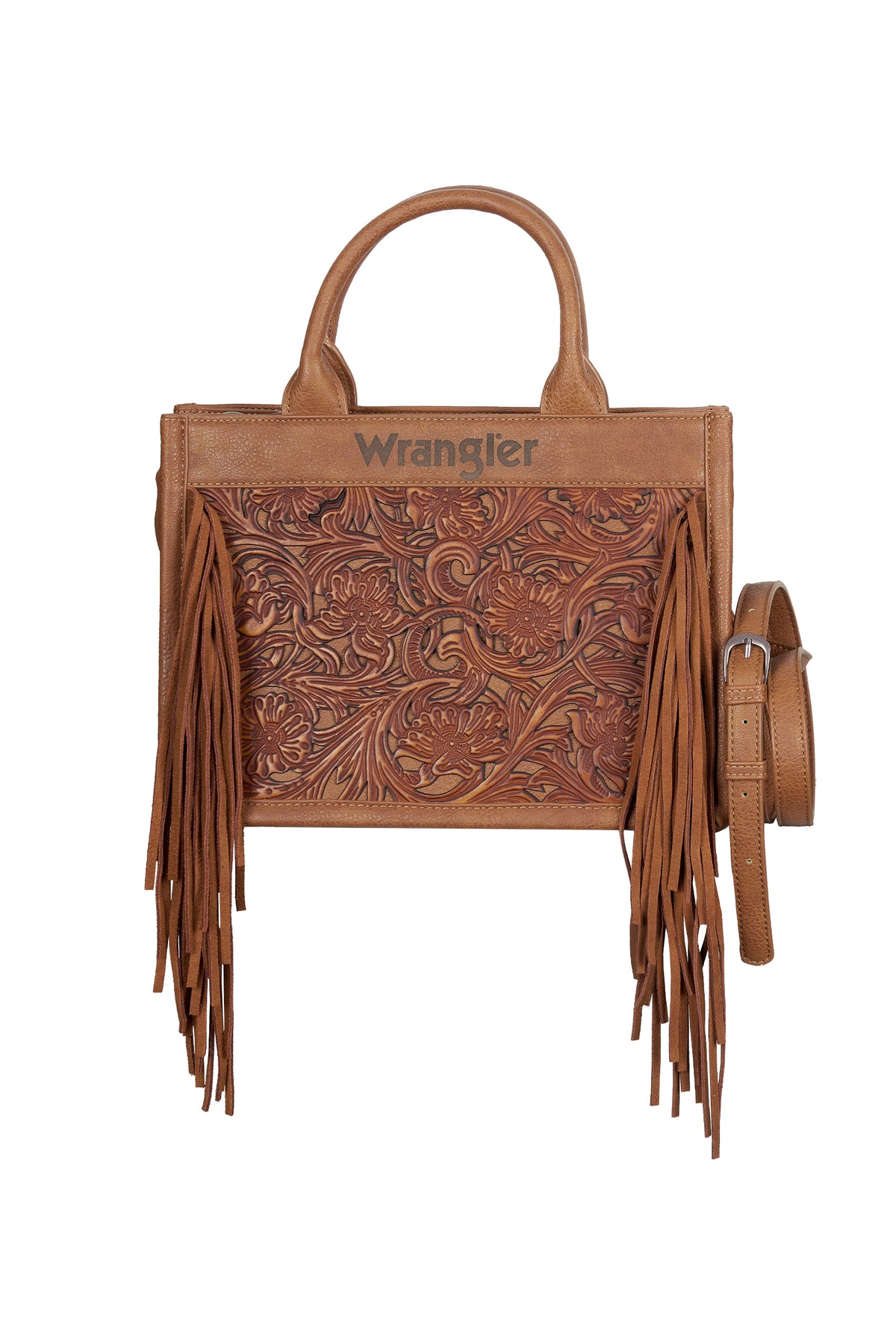A brown leather handbag with tooled floral detailing, long fringe on the sides, top handles, and a matching shoulder strap, shown on a plain white background. The Wrangler brand name is printed on the front.