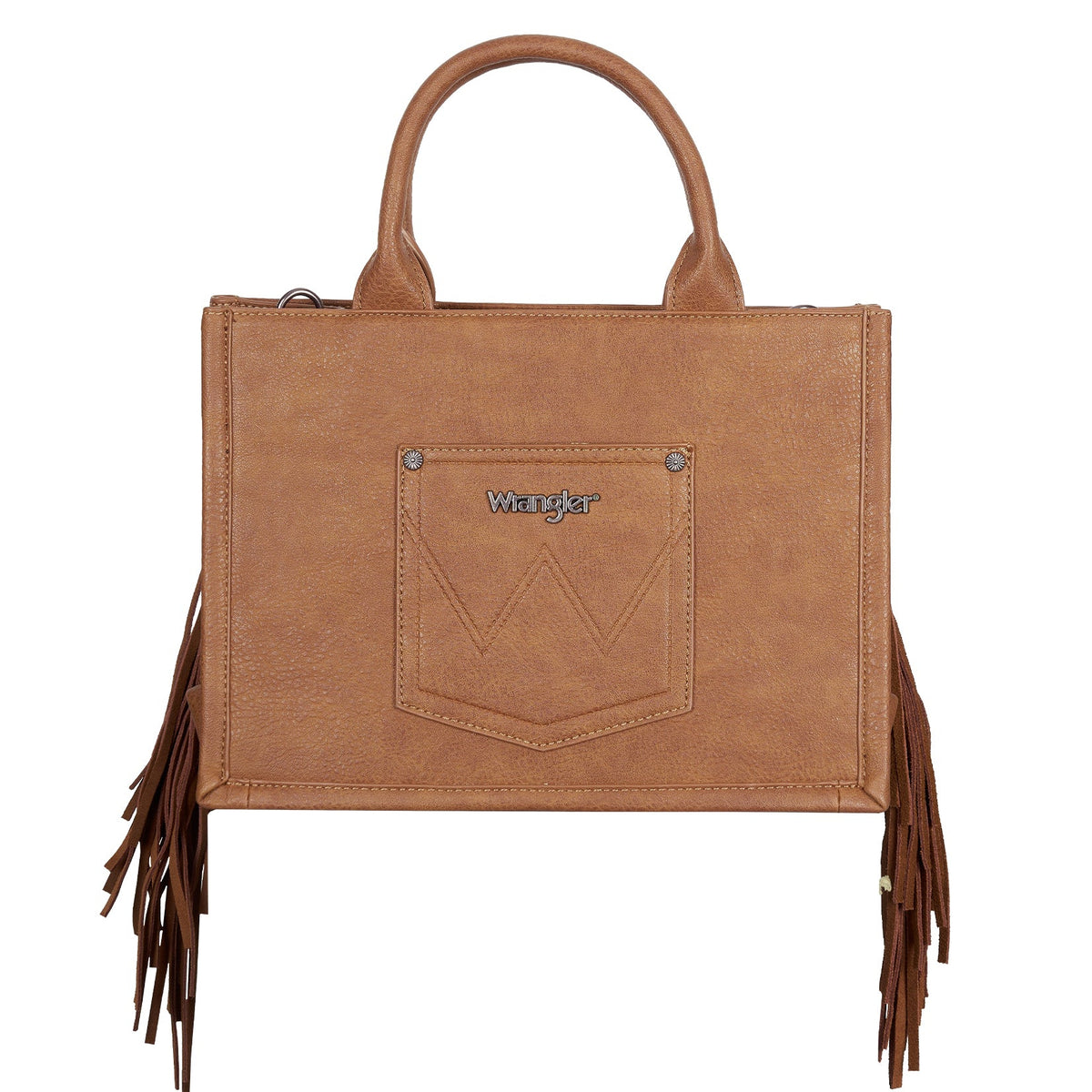 A tan faux-leather handbag with dual top handles, long fringe detailing on the sides, and a front pocket featuring a stitched 'W' monogram and the brand name 'Wright' in silver lettering.