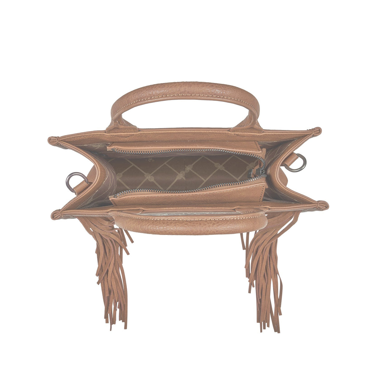A light brown leather handbag shown from the top, featuring a quilted interior, a top handle, and long fringe detailing on the sides, set against a plain white background.