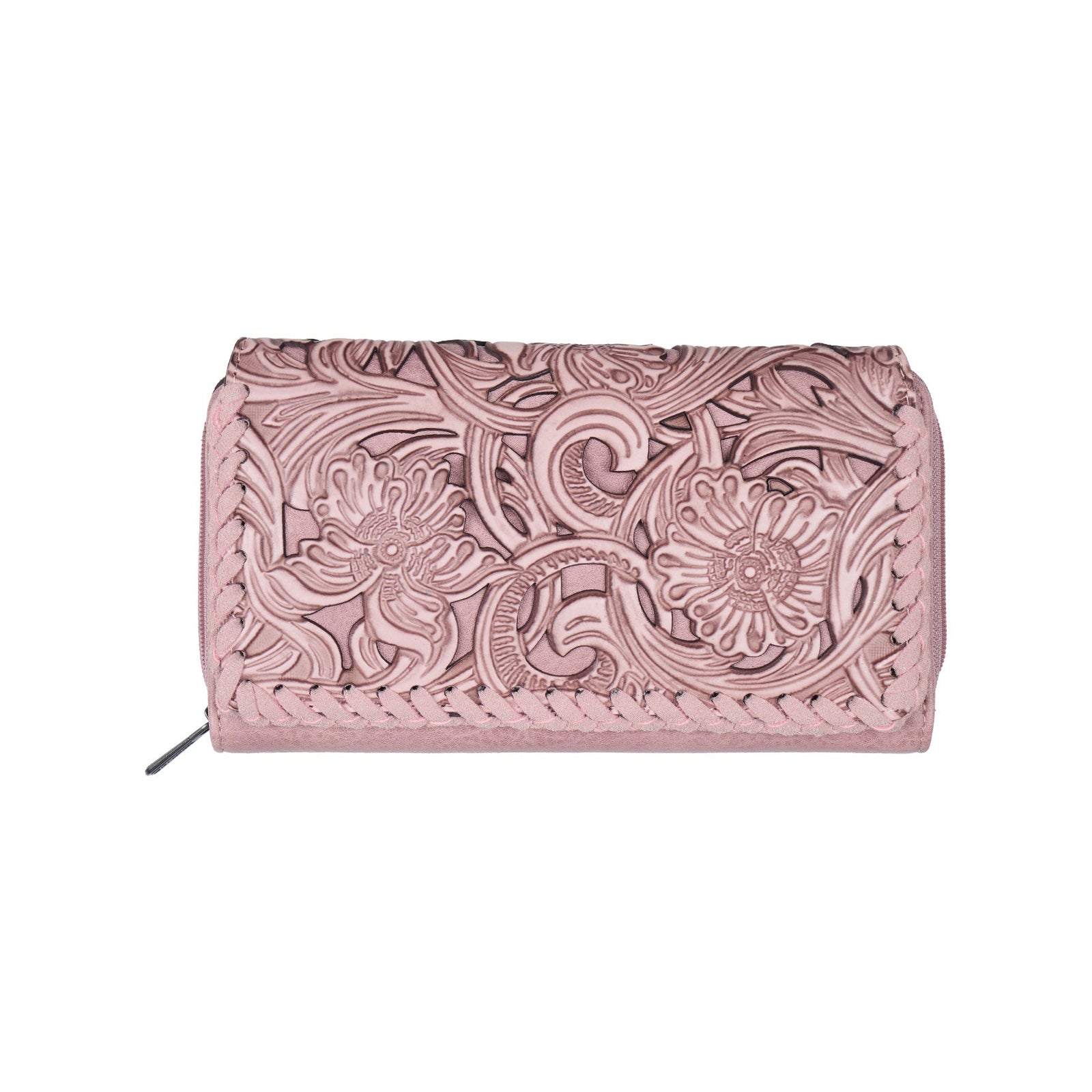 A dusty pink tooled leather clutch with intricate floral and scroll embossed patterns, shown against a plain white background.