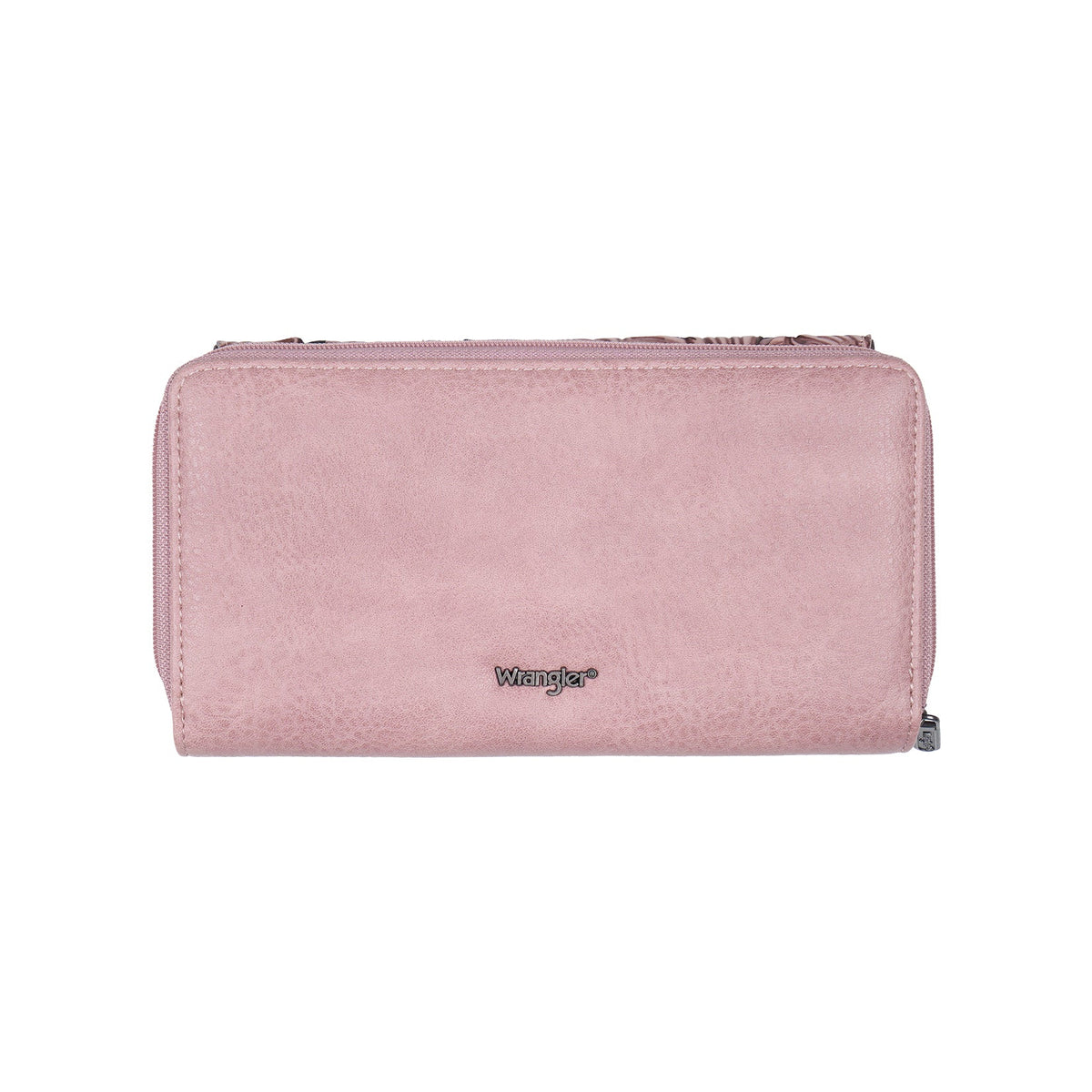 A light pink faux suede zip-around wallet with a small silver-tone metal logo plaque on the front, displayed against a solid white background.