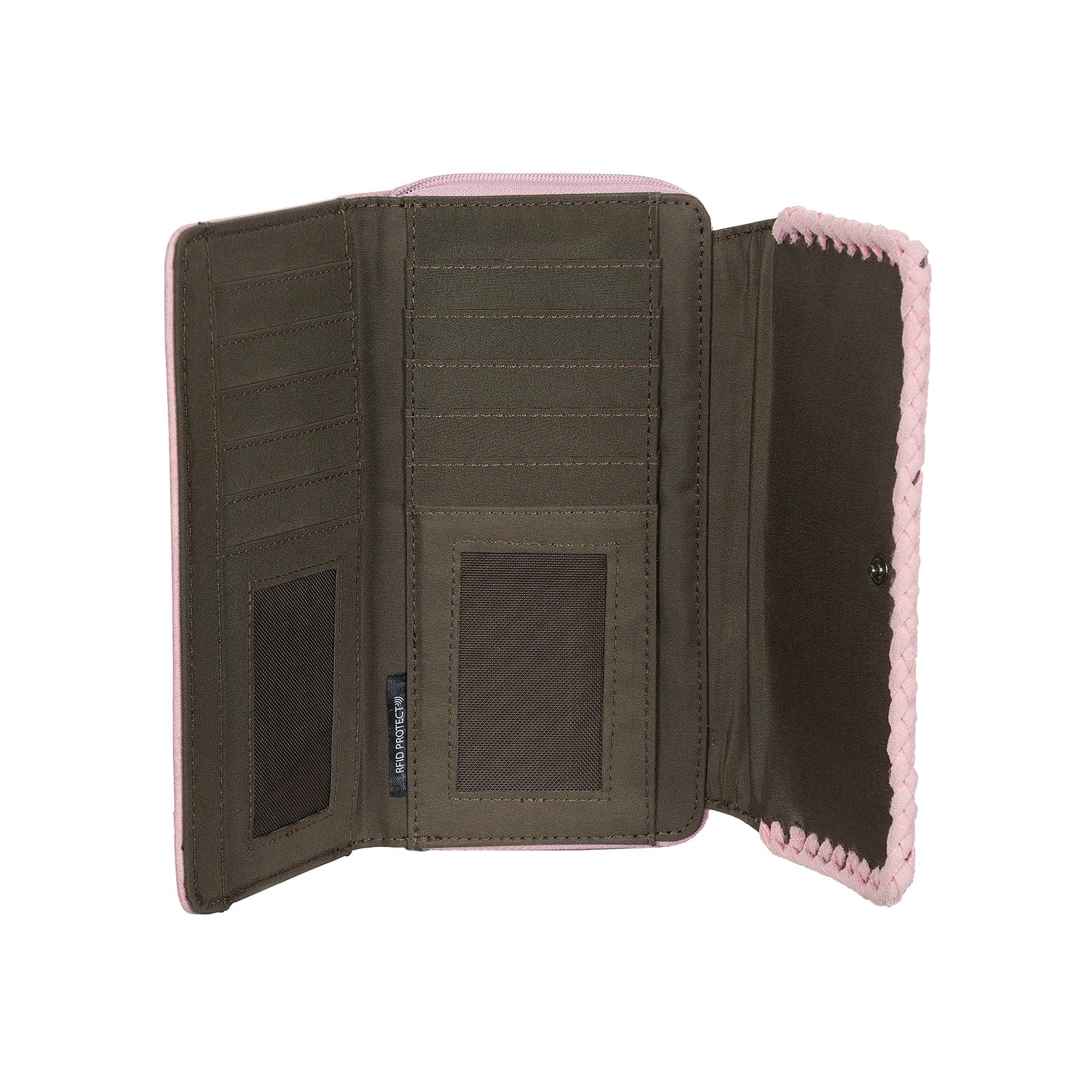 An open bi-fold wallet shown from the back, featuring dark olive green fabric with a light pink scalloped trim along the edges.