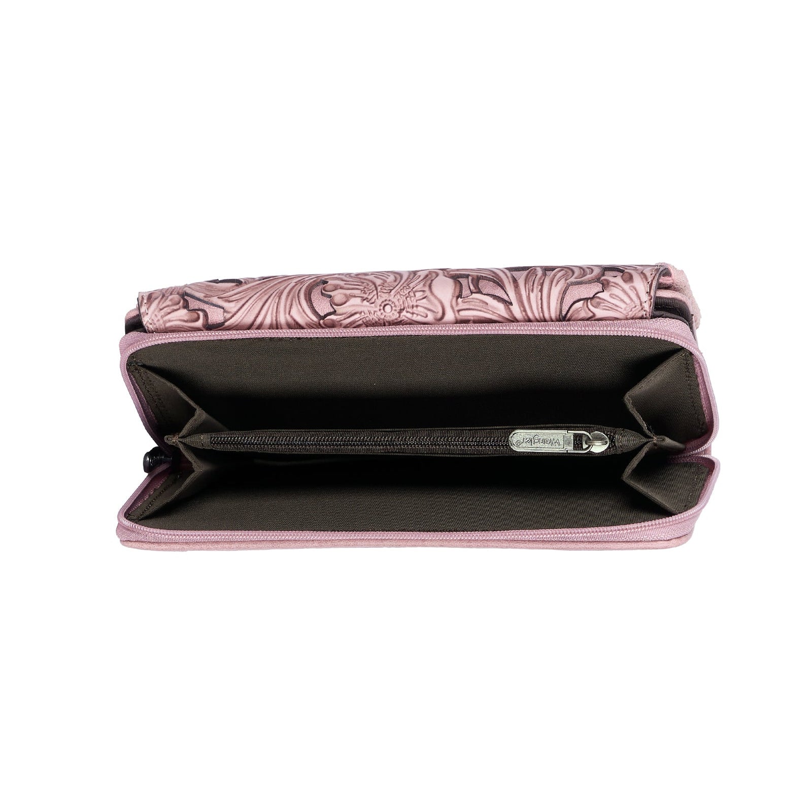 A dusty pink tooled leather clutch with intricate floral and scroll embossed patterns, shown against a plain white background.