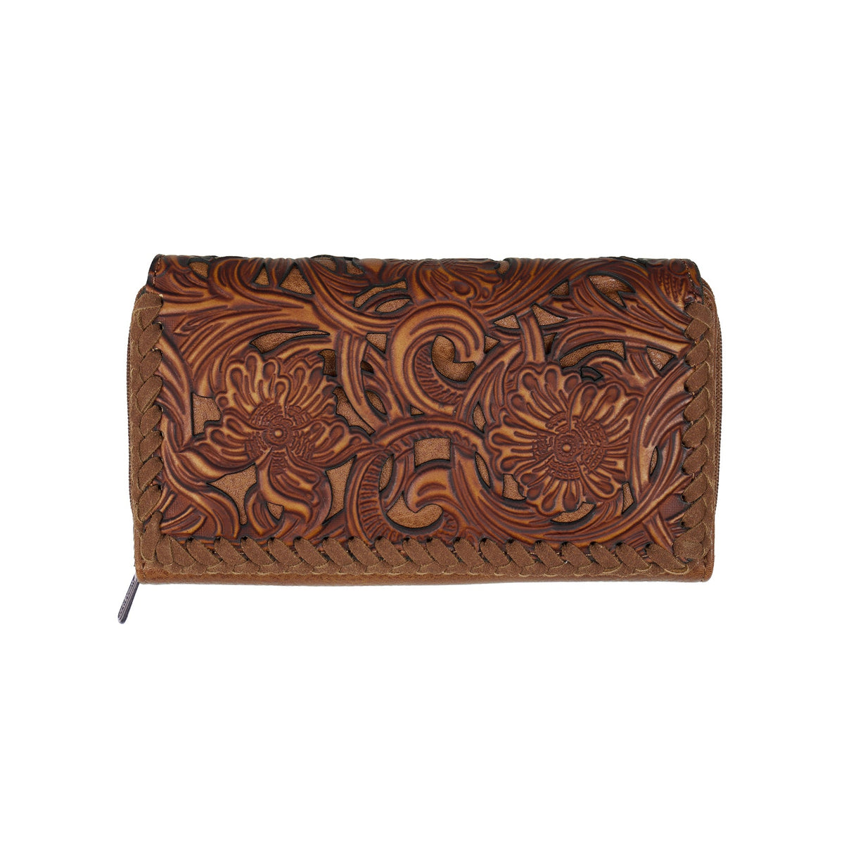 Brown leather wallet with intricate floral embossing on a white background