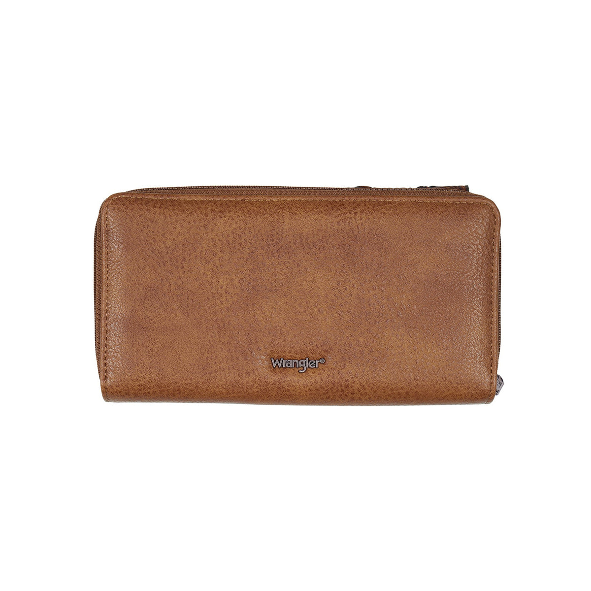 A brown leather zip-around wallet with a small embossed logo on the front, shown against a plain white background.