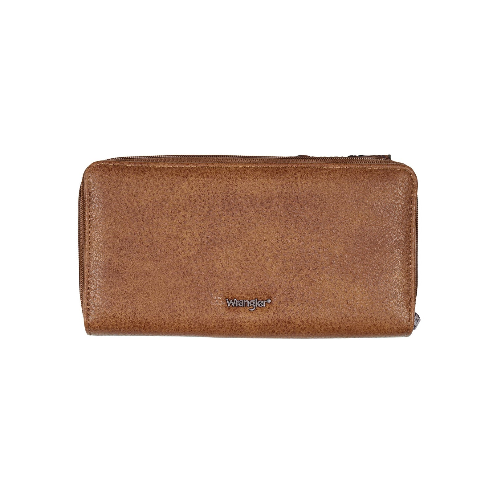 A brown leather zip-around wallet with a small embossed logo on the front, shown against a plain white background.