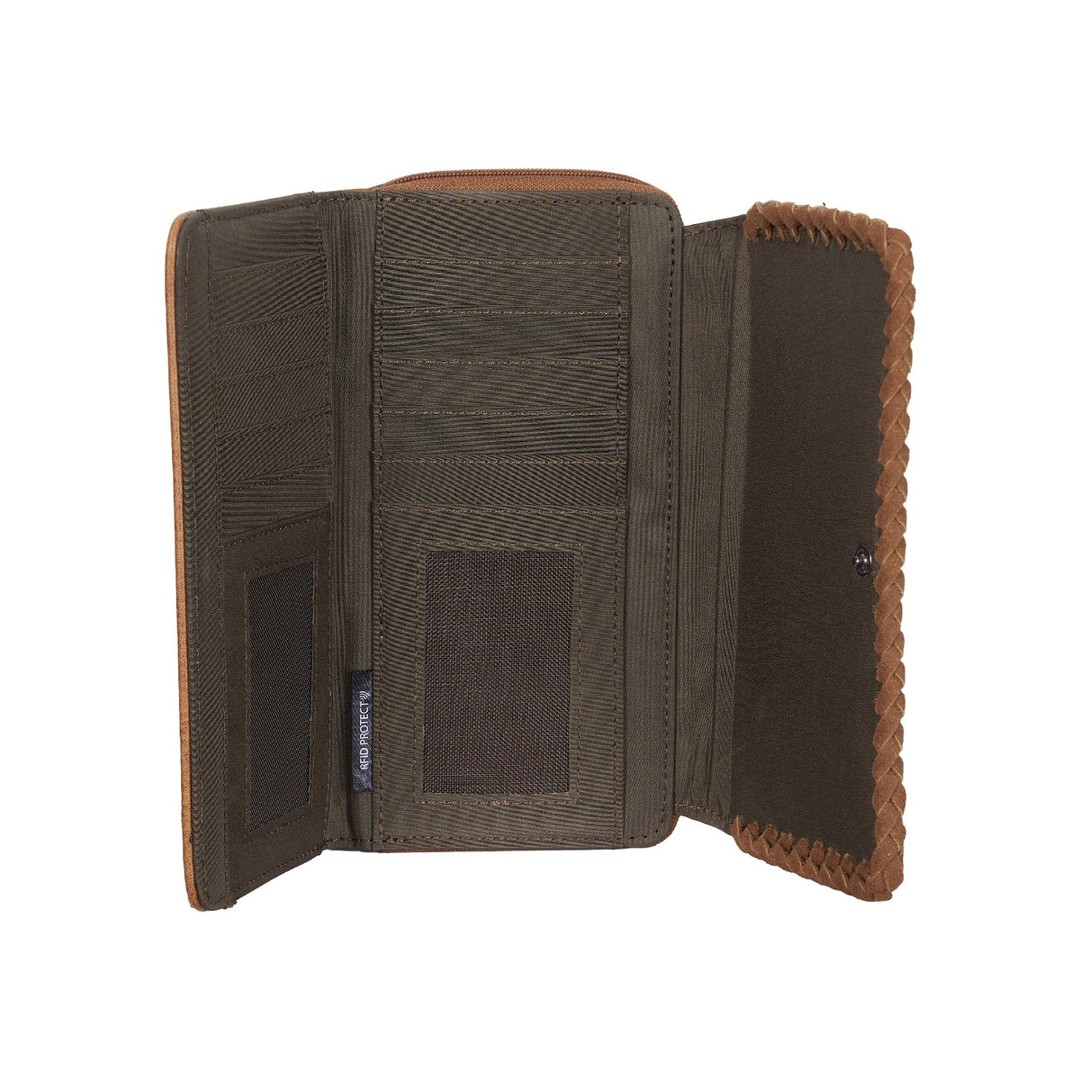 An open brown leather wallet with a textured dark brown fabric interior, shown against a plain white background.