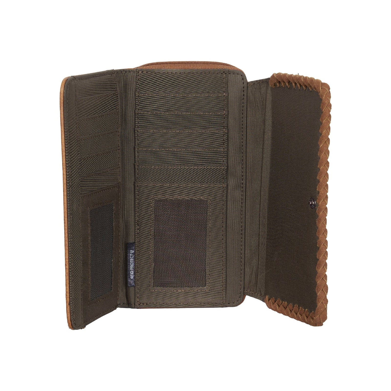 An open brown leather wallet with a textured dark brown fabric interior, shown against a plain white background.