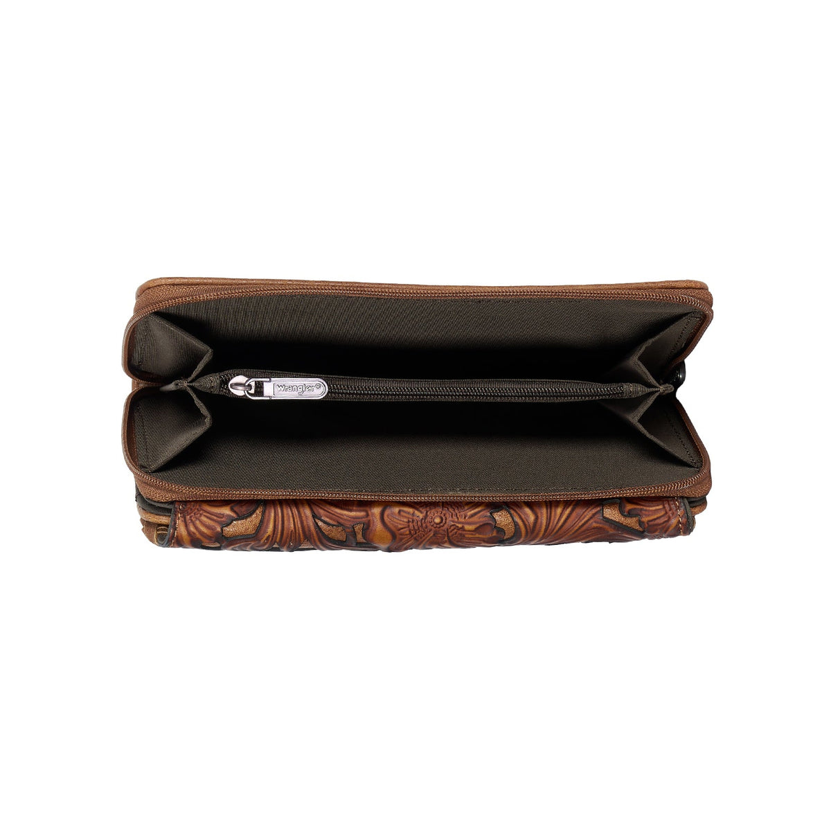 A brown leather wallet with an embossed floral pattern on the bottom edge, shown open against a plain white background.