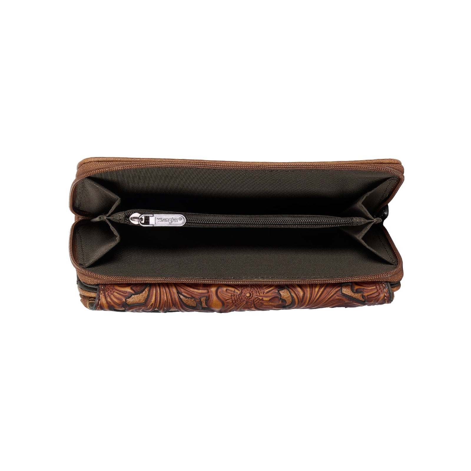 Brown leather wallet with intricate floral embossing on a white background