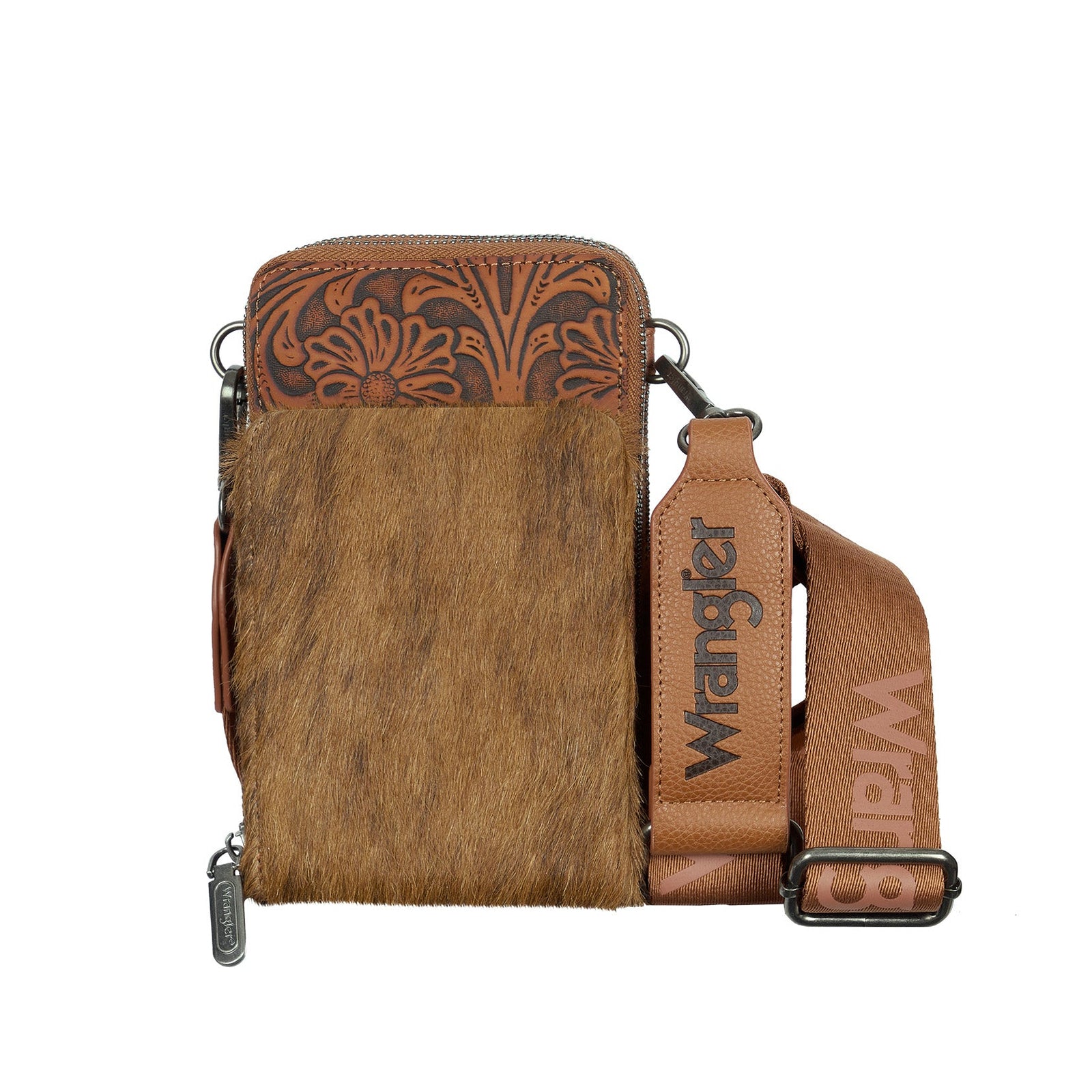 Brown leather pouch with floral embossing and 'Wrangler' branding on a white background
