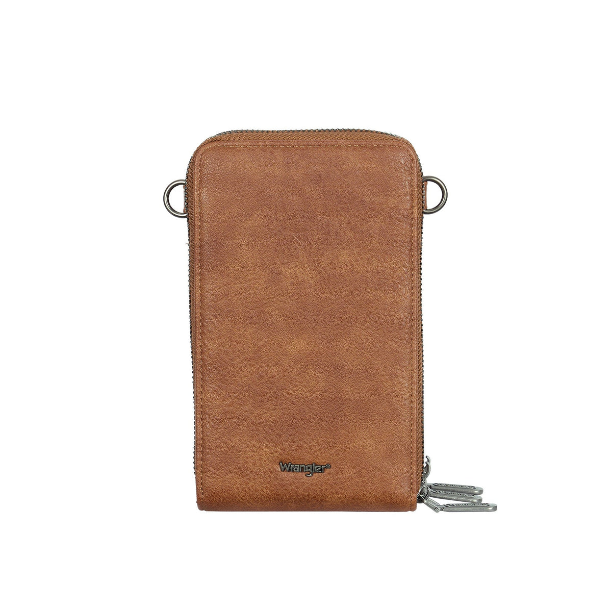 A brown faux-leather crossbody phone pouch with silver-tone metal rings and zipper pull, shown against a plain white background.