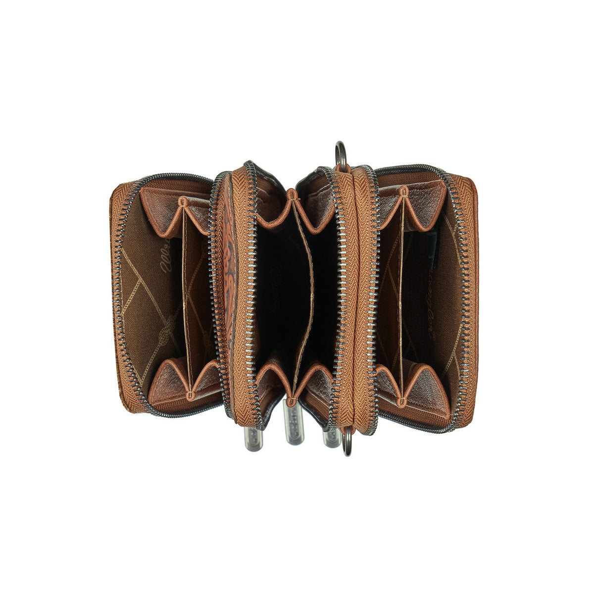 A brown leather accordion-style wallet shown open against a plain white background, displaying multiple interior compartments and zippered sections.