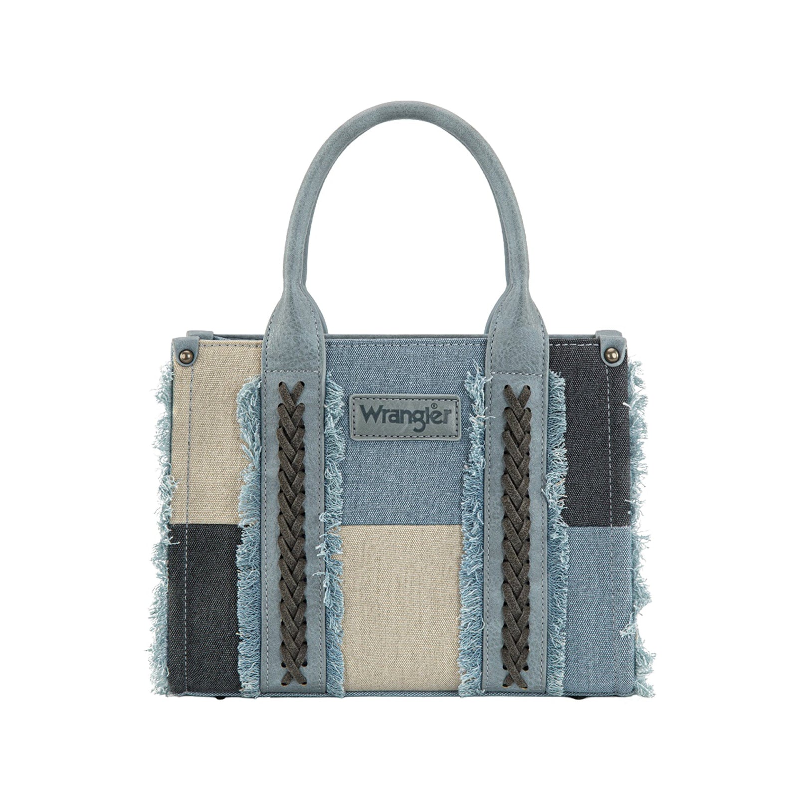 Faux leather handbag with frayed edges and 'Wrangler' branding on a white background