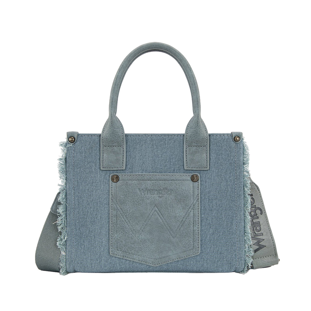 Denim handbag with a pocket on a white background