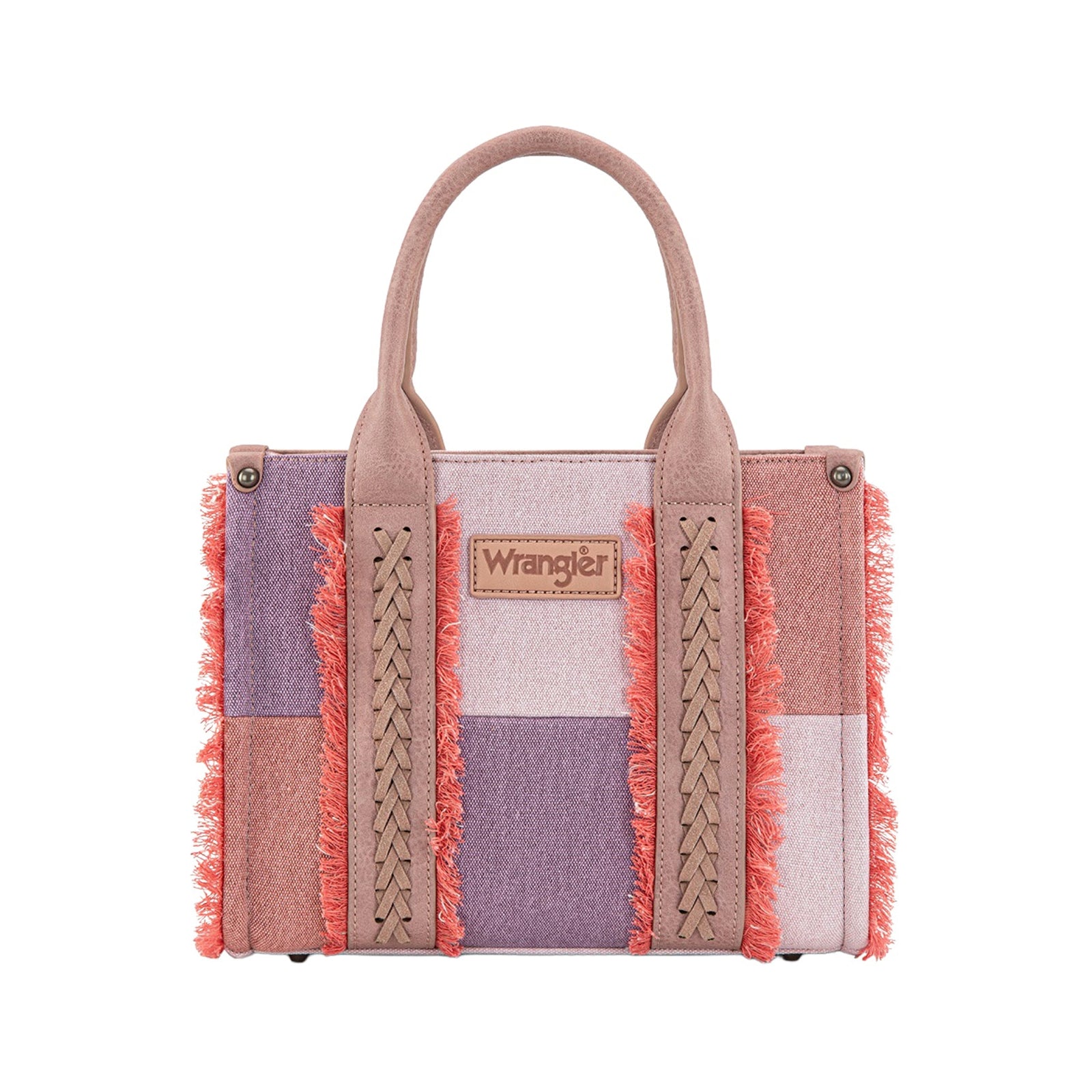 Colorful handbag with a visible brand logo on a white background