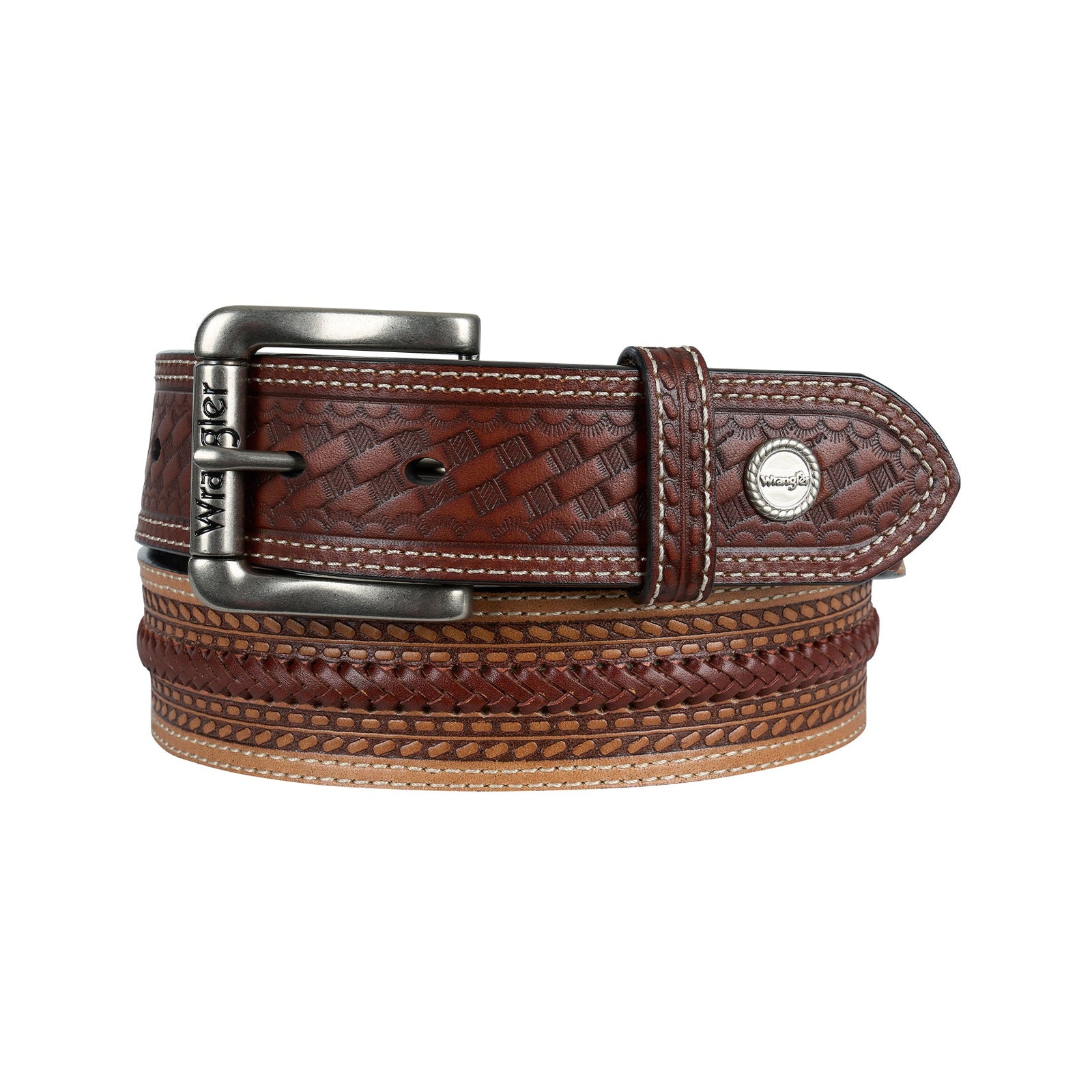 Brown leather belt with braided design and silver buckle on a white background