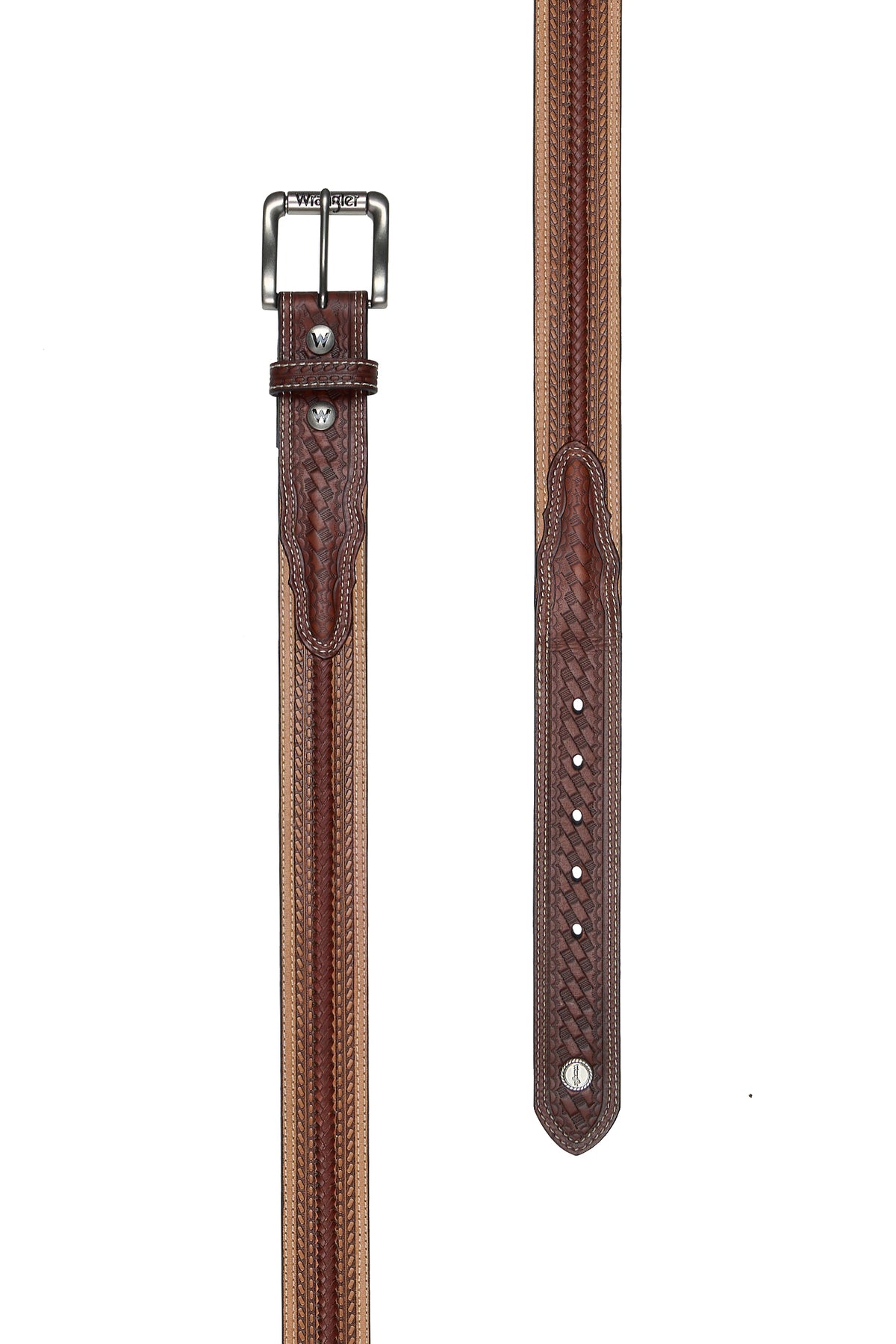 Brown leather belt with silver buckle on a white background