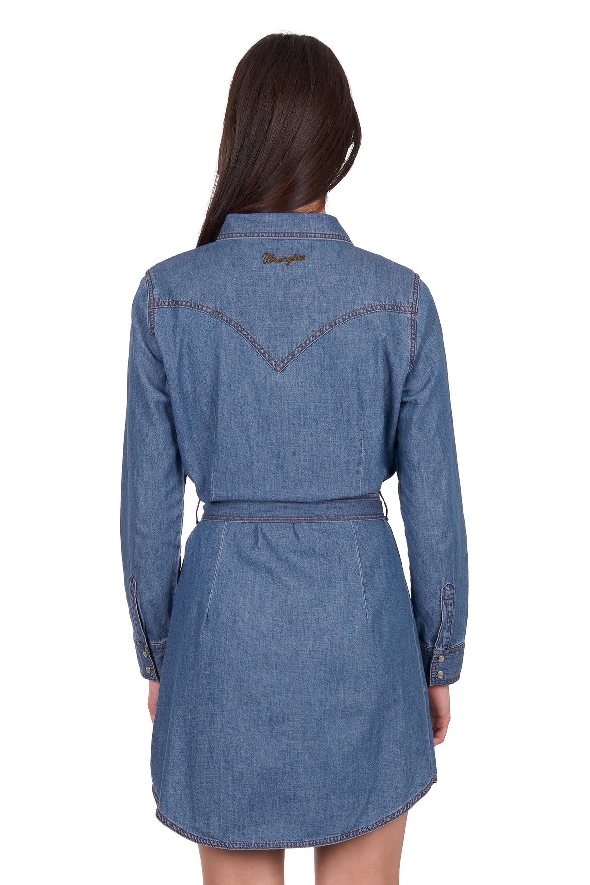 Blue denim dress with a brand logo on the back, worn by a model against a white background.