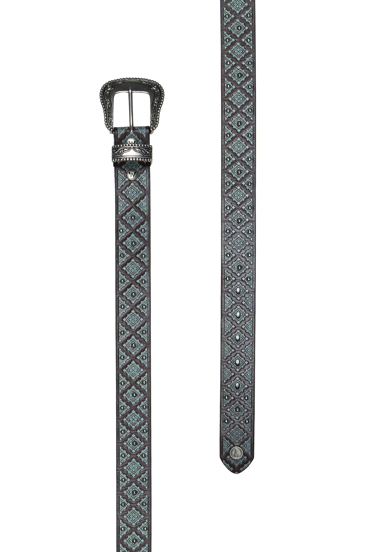 Patterned belt with a silver buckle on a white background