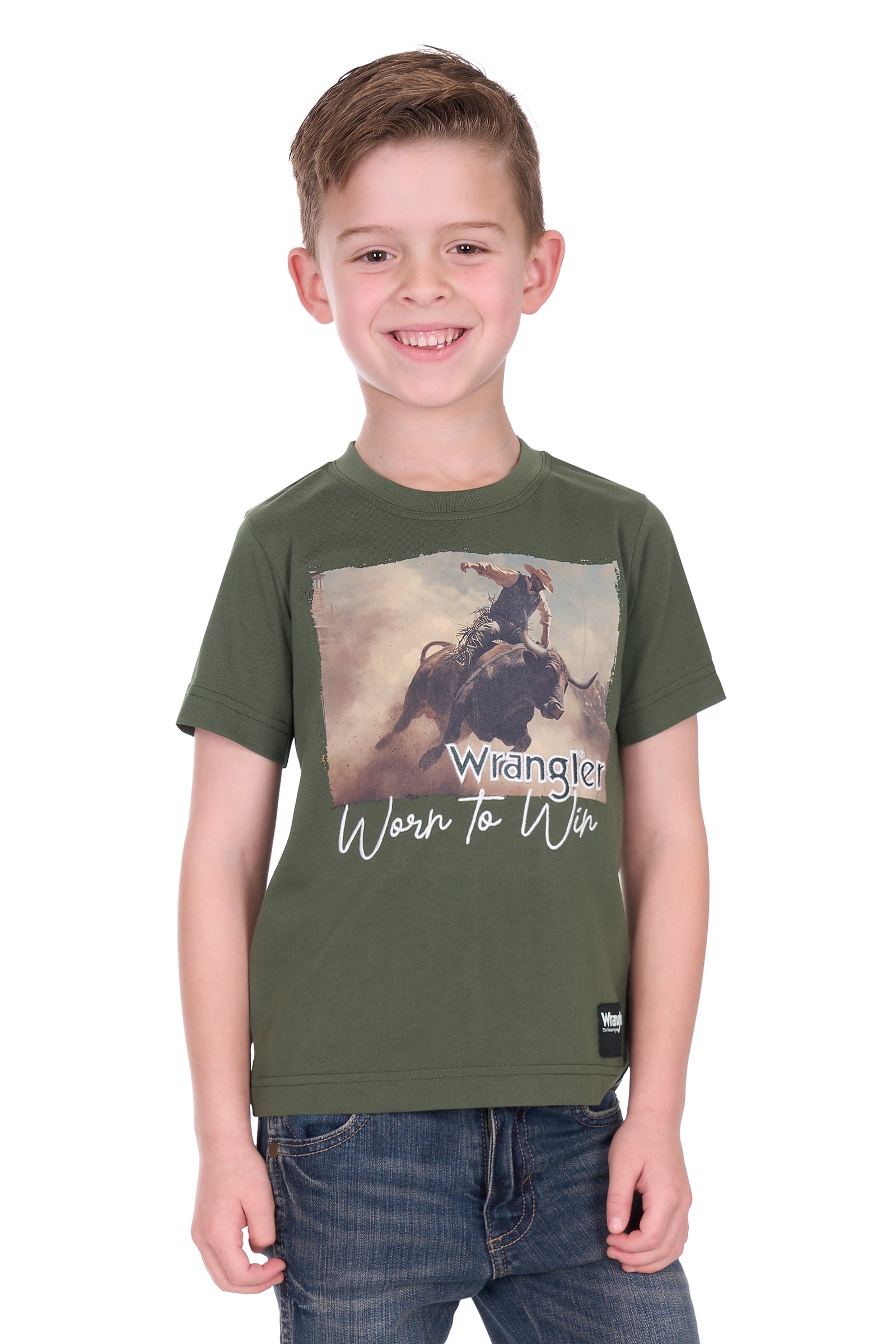 Child wearing a green t-shirt with a graphic design and text on a white background