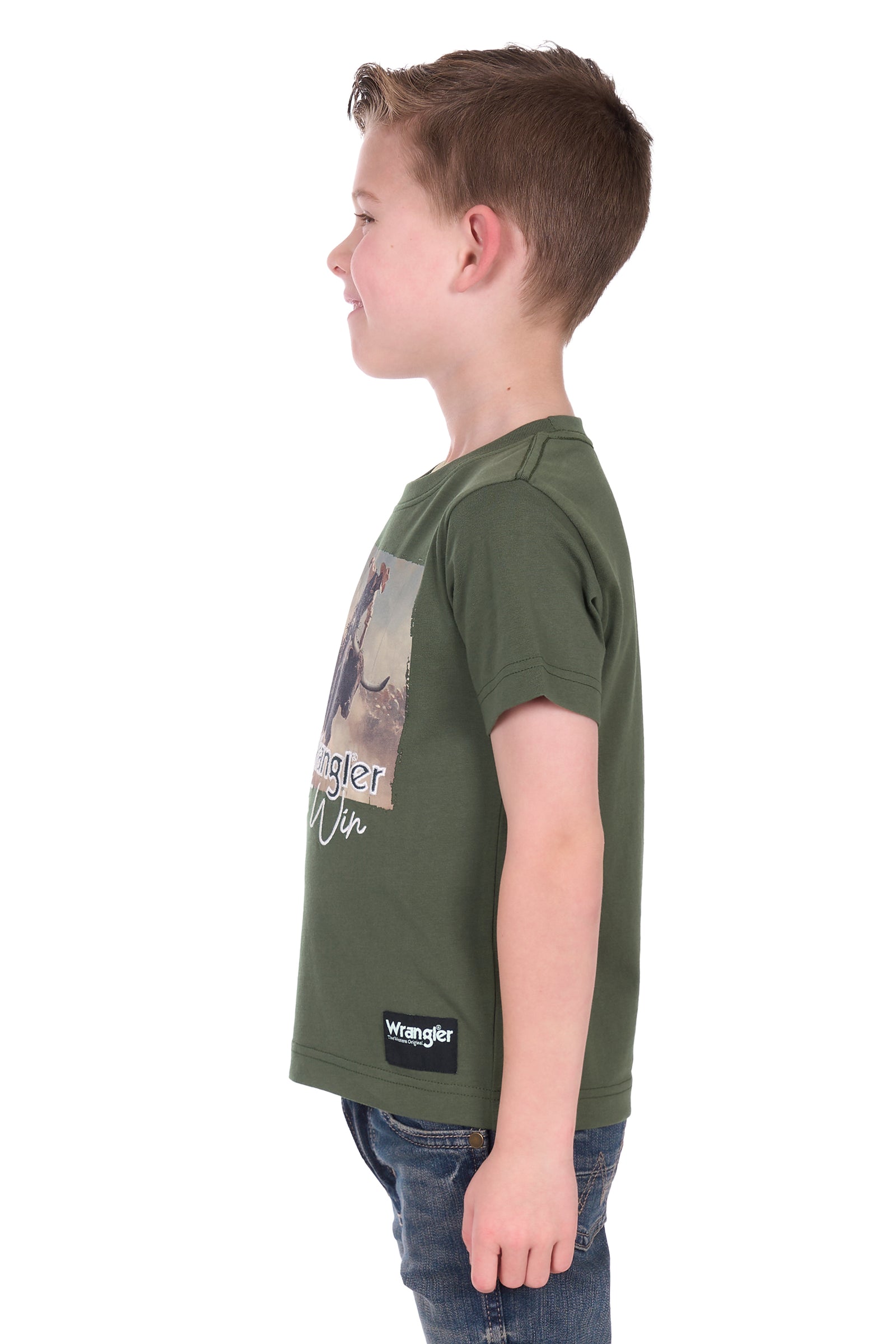Child wearing a green t-shirt with a graphic design and text on a white background