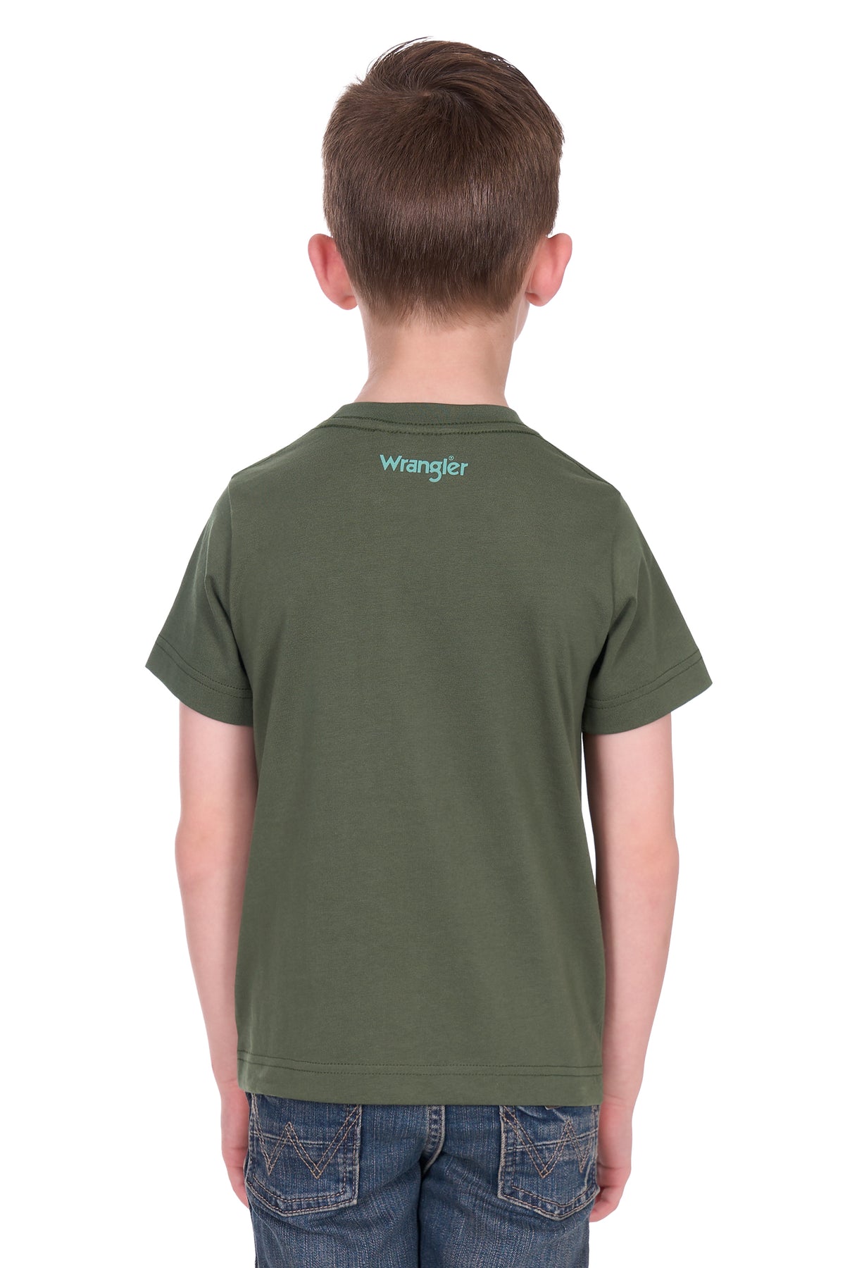 Child wearing a green t-shirt with a brand logo on the back, standing against a white background