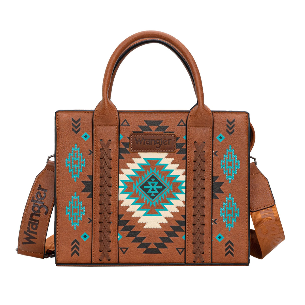 Brown leather handbag with tribal patterns and 'Wrangler' branding on a white background