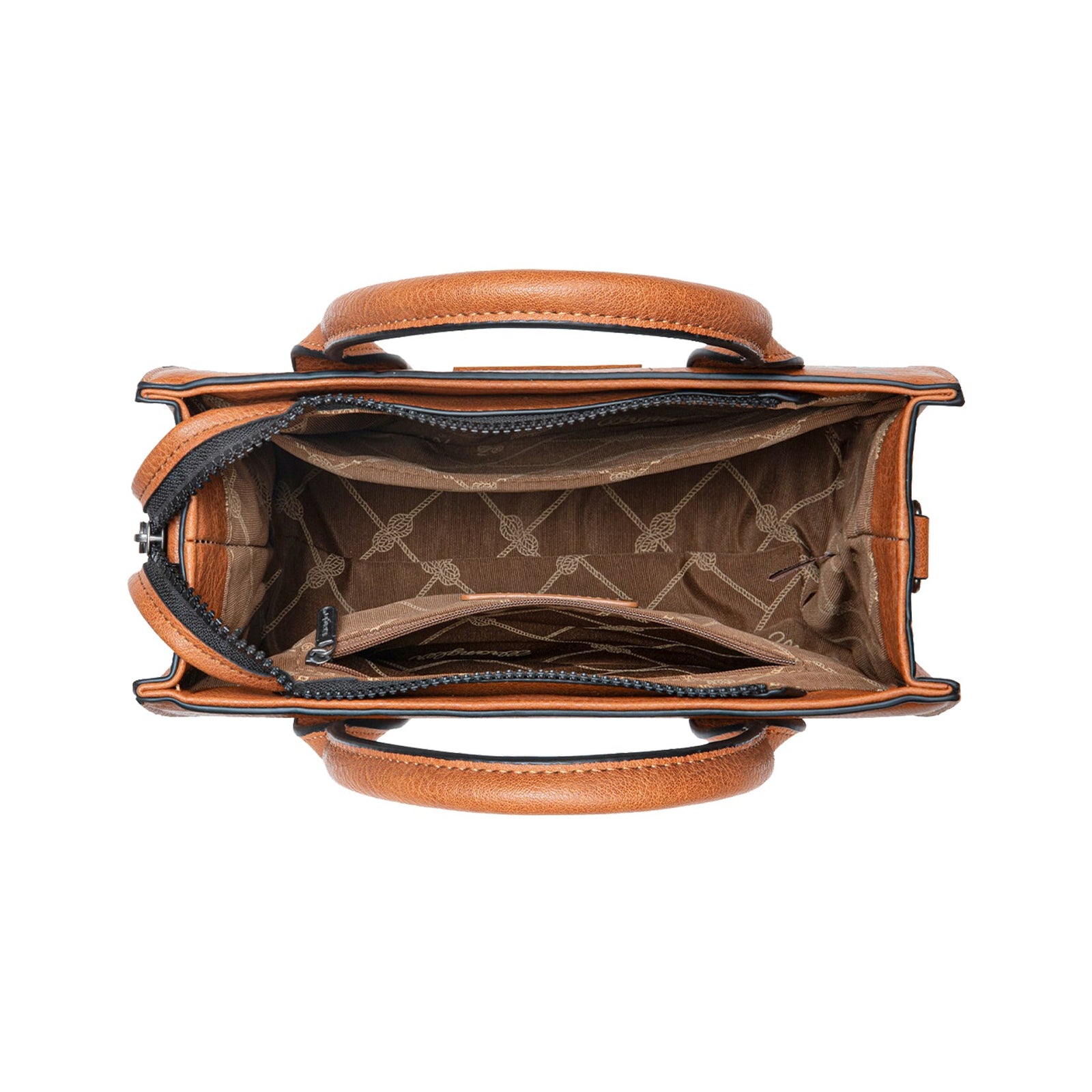 Brown leather handbag with open lid on a white background