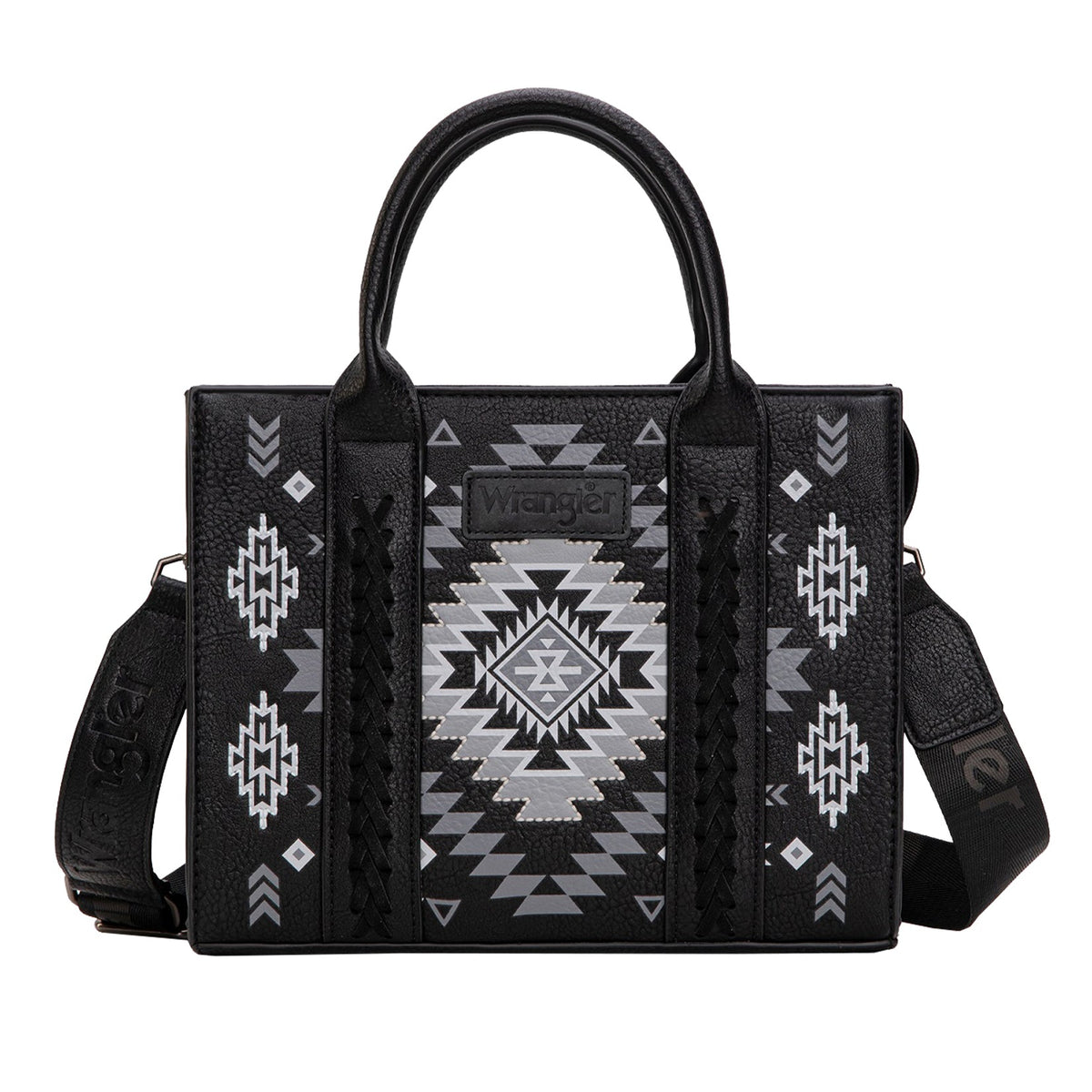 Black handbag with geometric pattern on a white background