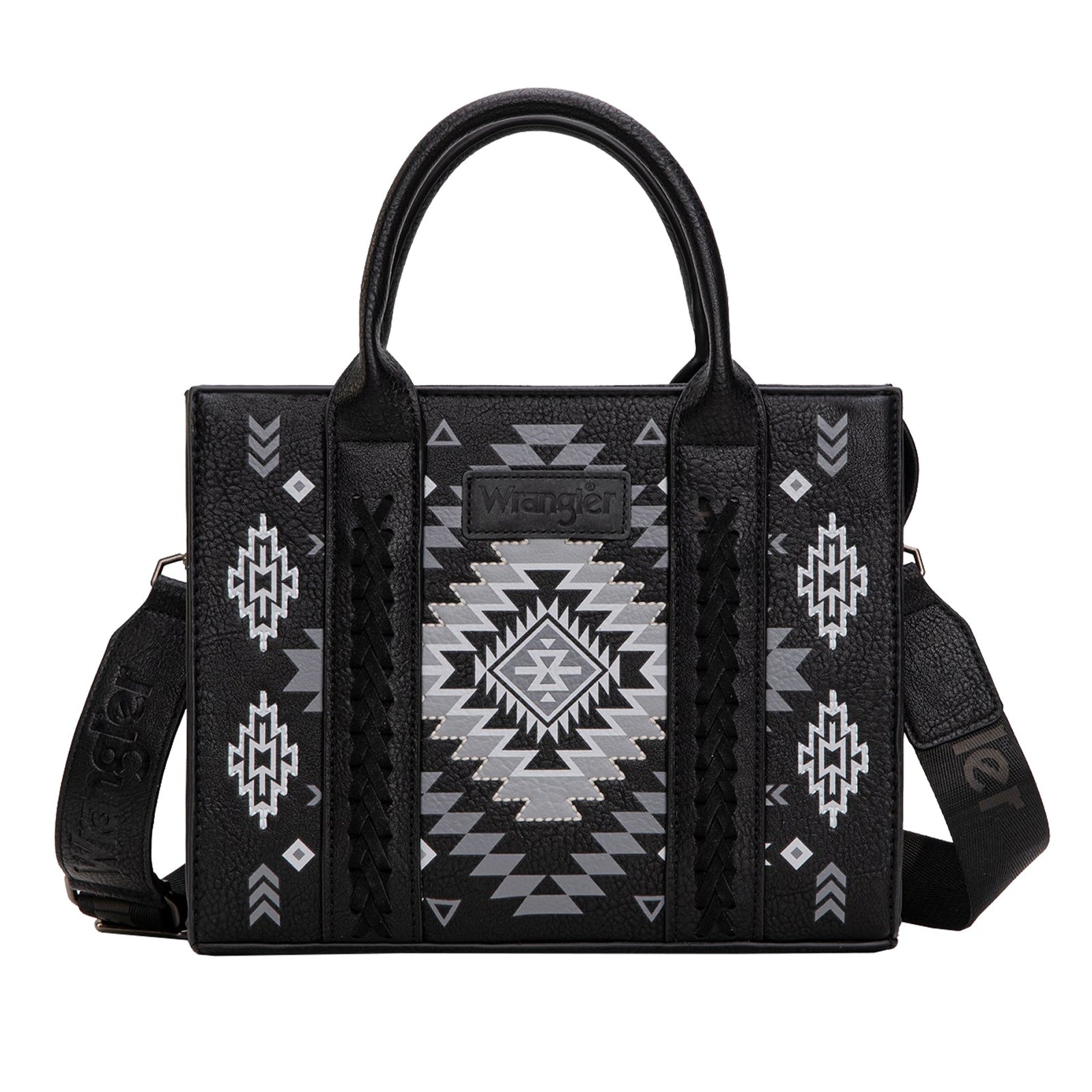 Black handbag with geometric pattern on a white background