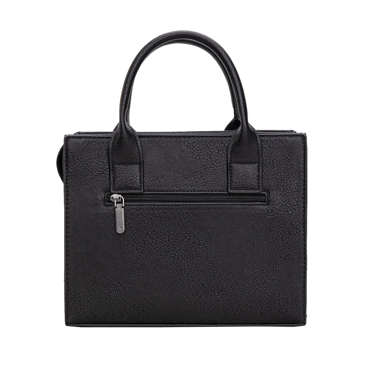 Black handbag with a handle on a white background