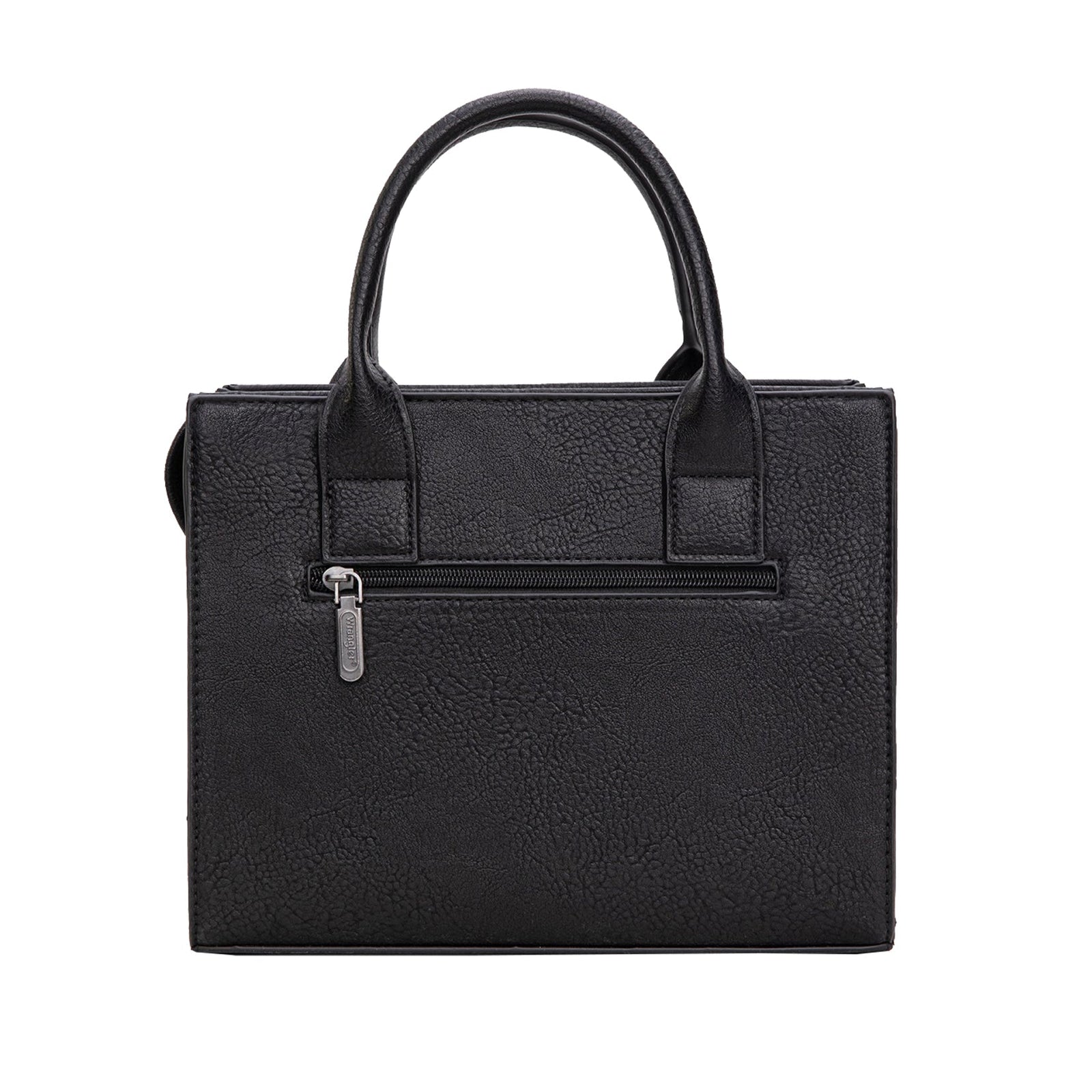 Black handbag with a handle on a white background
