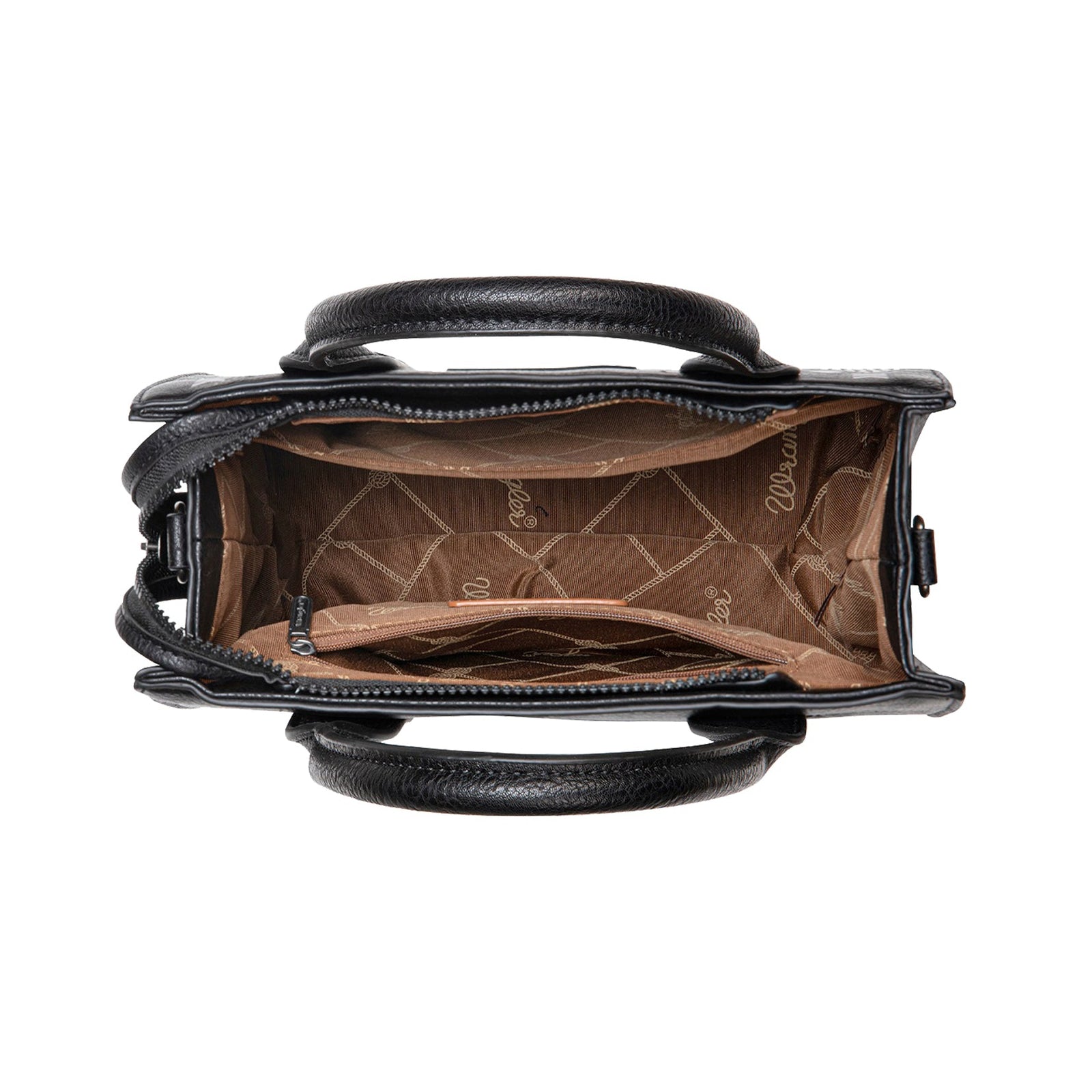 Black handbag with geometric pattern on a white background