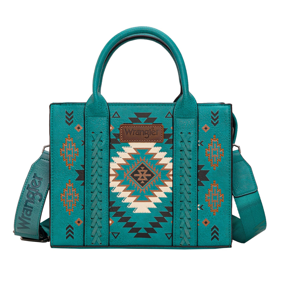 Teal handbag with geometric pattern on a white background