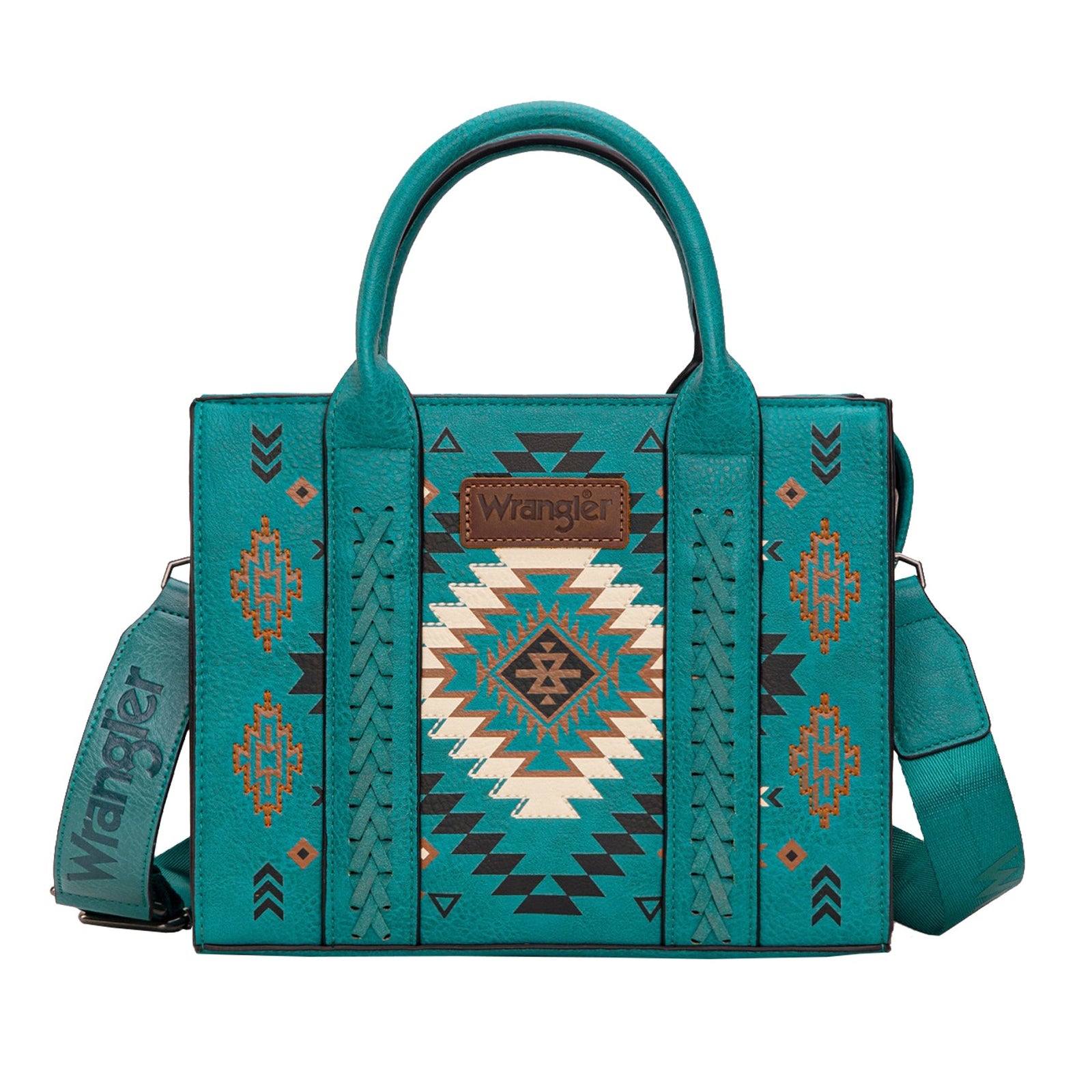 Teal handbag with geometric pattern on a white background