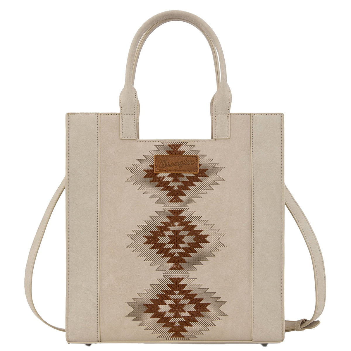 Beige tote bag with brown geometric pattern on a white background