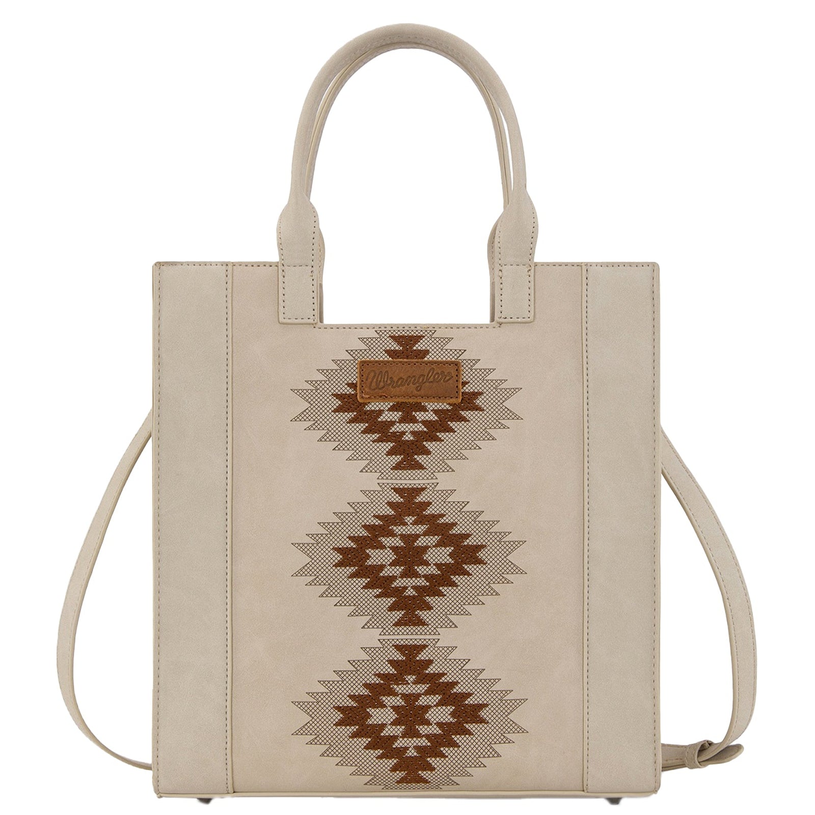 Beige tote bag with brown geometric pattern on a white background