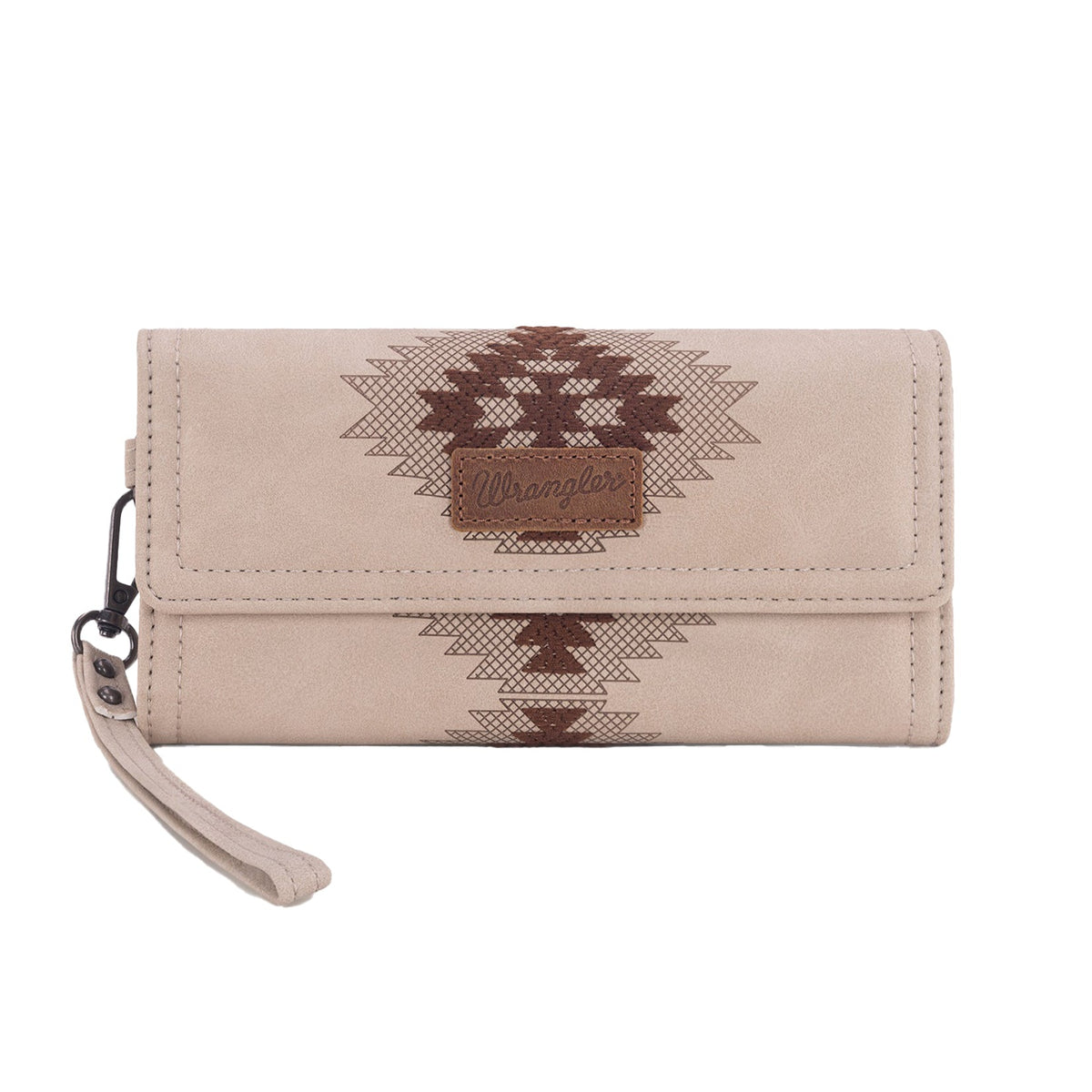 Beige wallet with tribal pattern on a white background