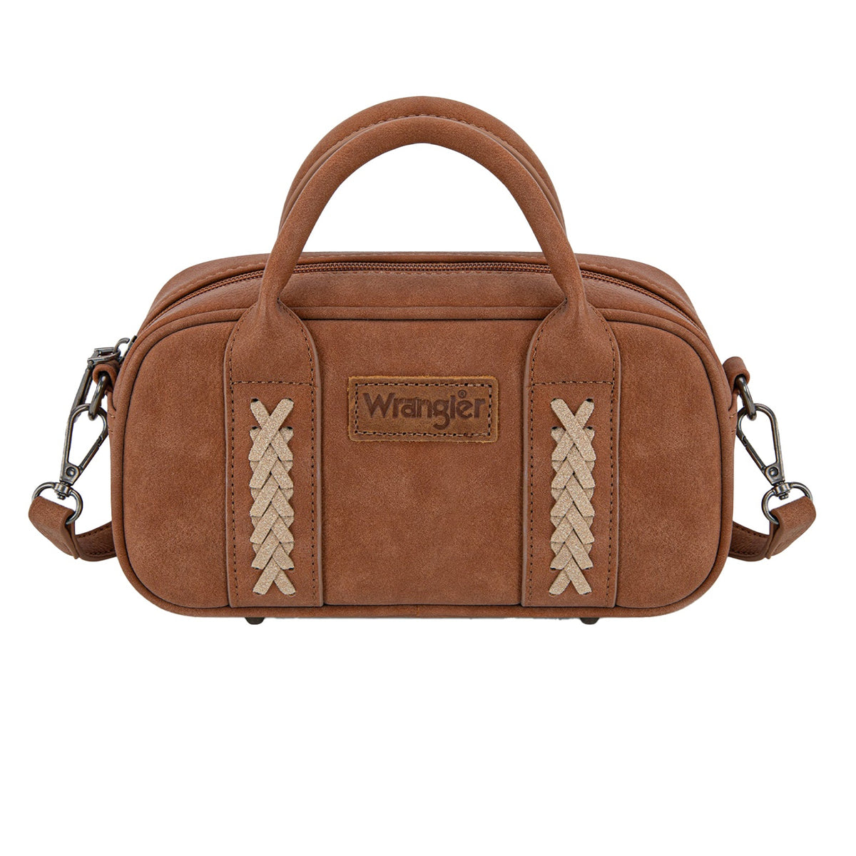 Brown leather bag with 'Wrangler' branding on a white background