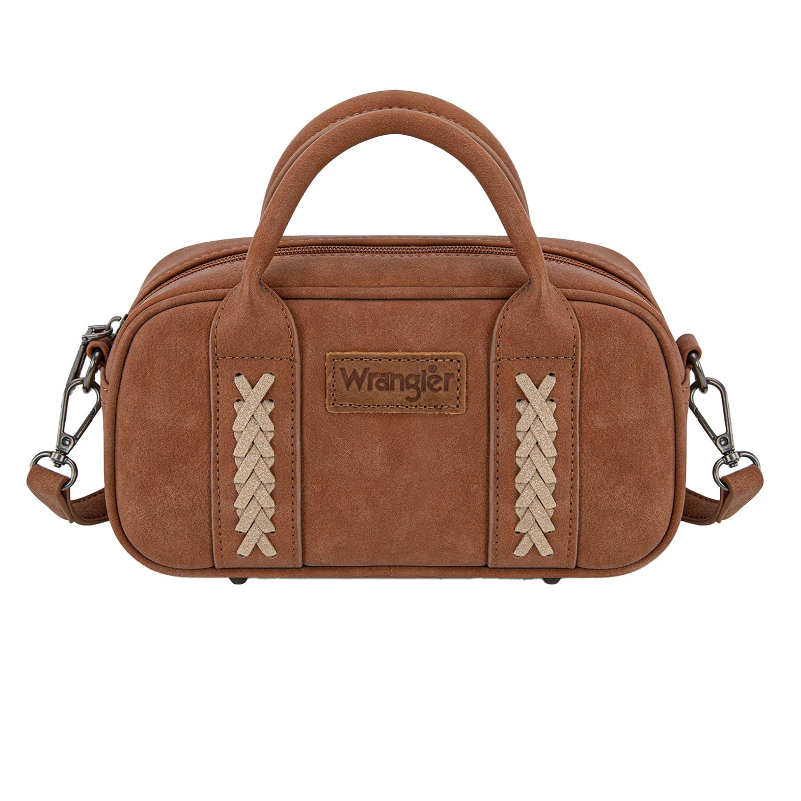 Brown leather bag with 'Wrangler' branding on a white background